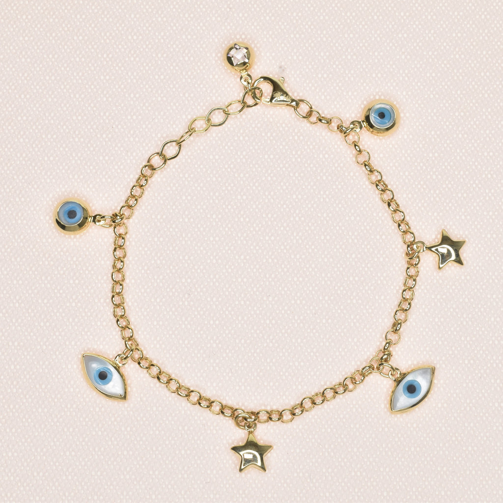 Dangling Stars And Evil eye Chain Bracelet