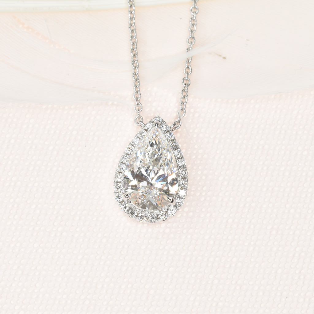 Lab Grown Diamond Necklace with a 2ct Pear Shape Diamond and Halo