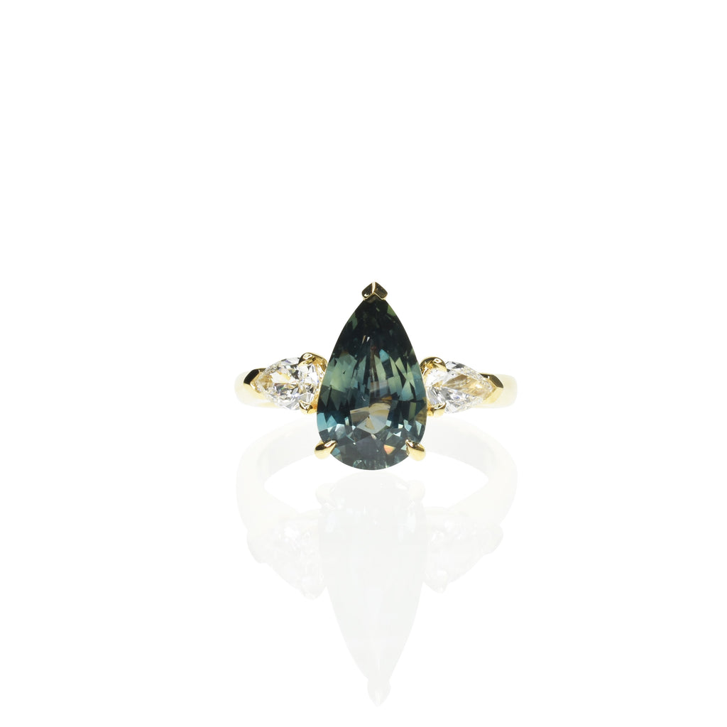 Pear Shape Teal Sapphire Trilogy Ring