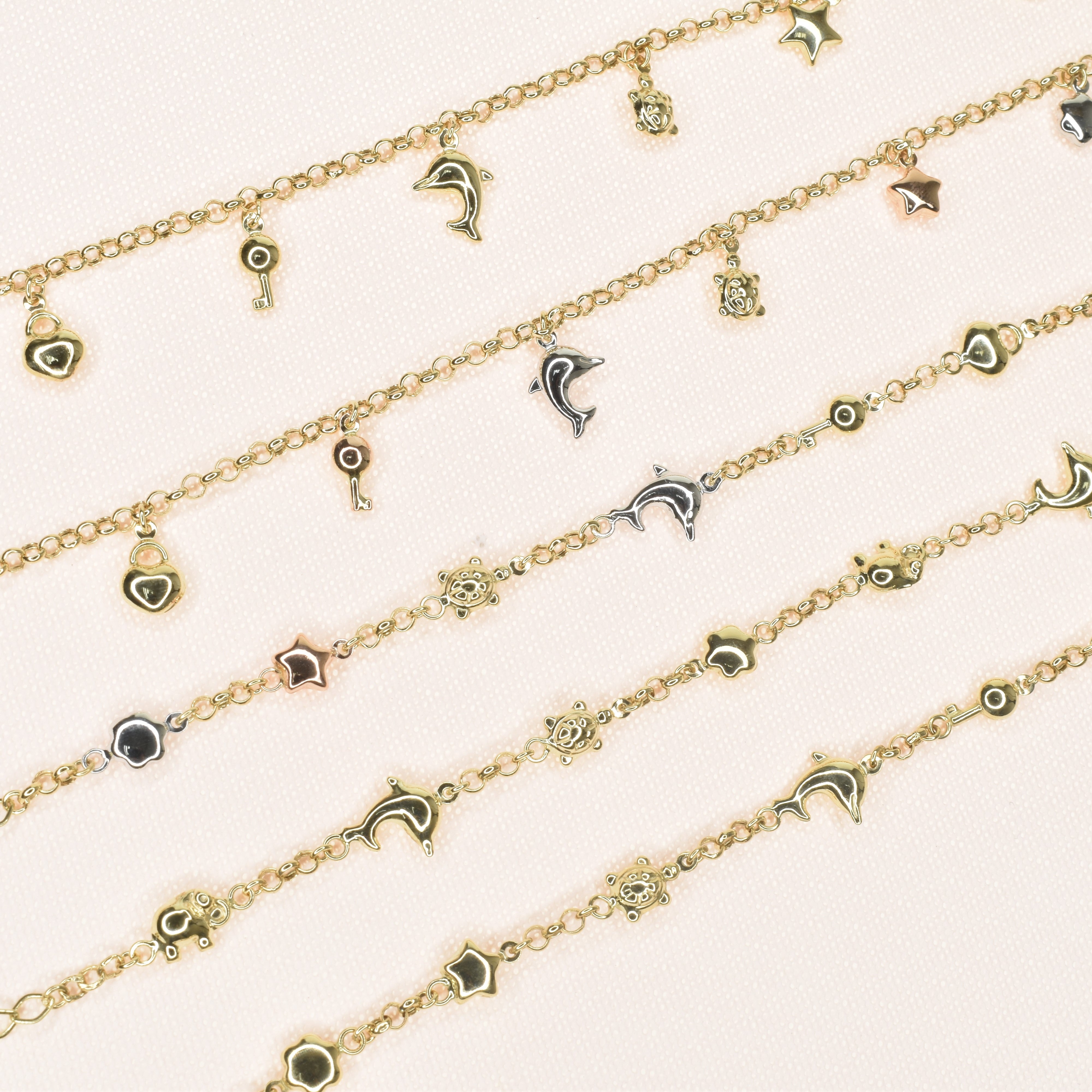 Chain Bracelet with Flower, Star, 2 Turtle, 2 Dolphin and 2 Elephant