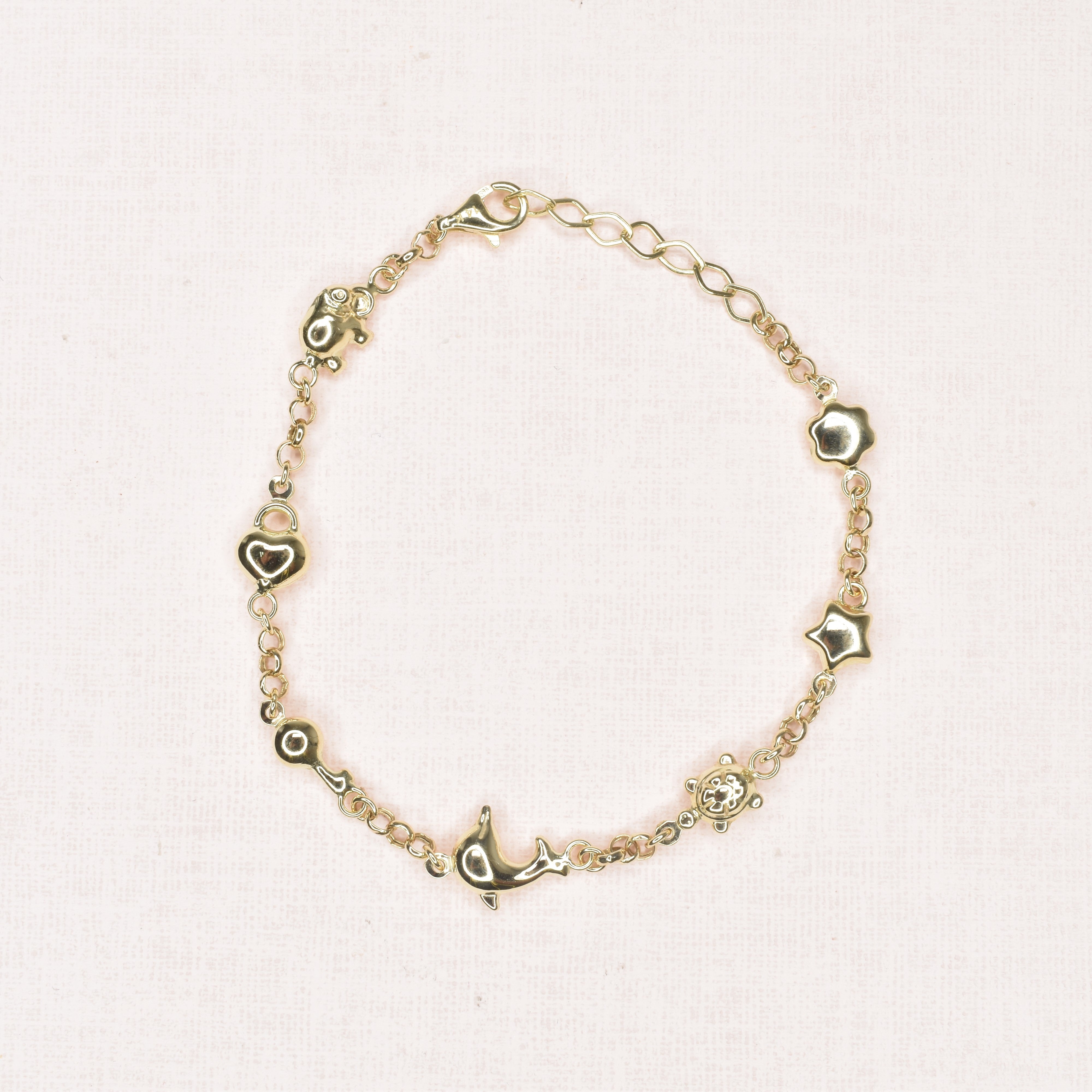 Chain Bracelet with Flower, Star, Turtle, Dolphin, Key, Heart and Elephant