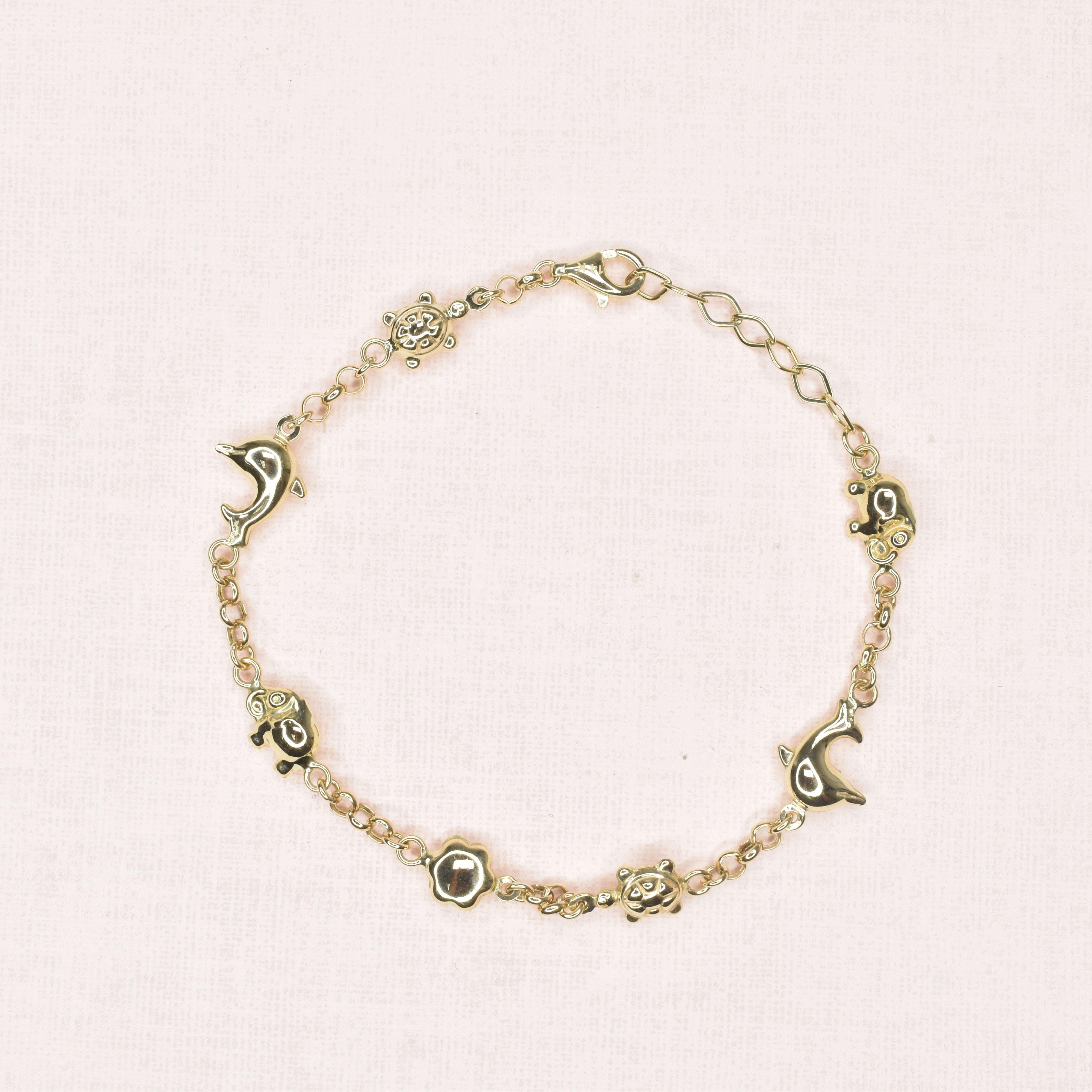 Chain Bracelet with Flower, Star, 2 Turtle, 2 Dolphin and 2 Elephant