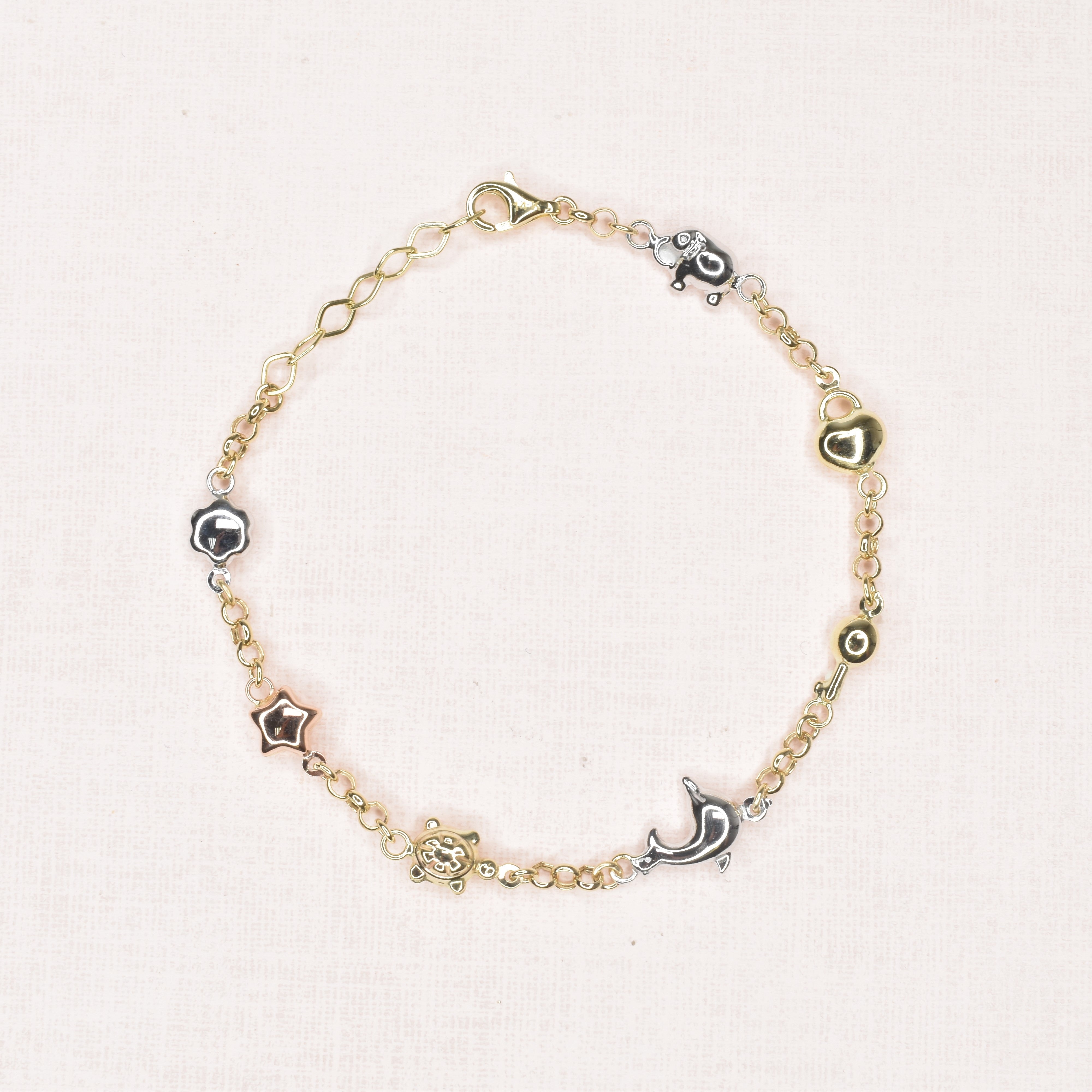 Two Tone Chain Bracelet with Flower, Star, Turtle, Dolphin, Key, Heart and Elephant