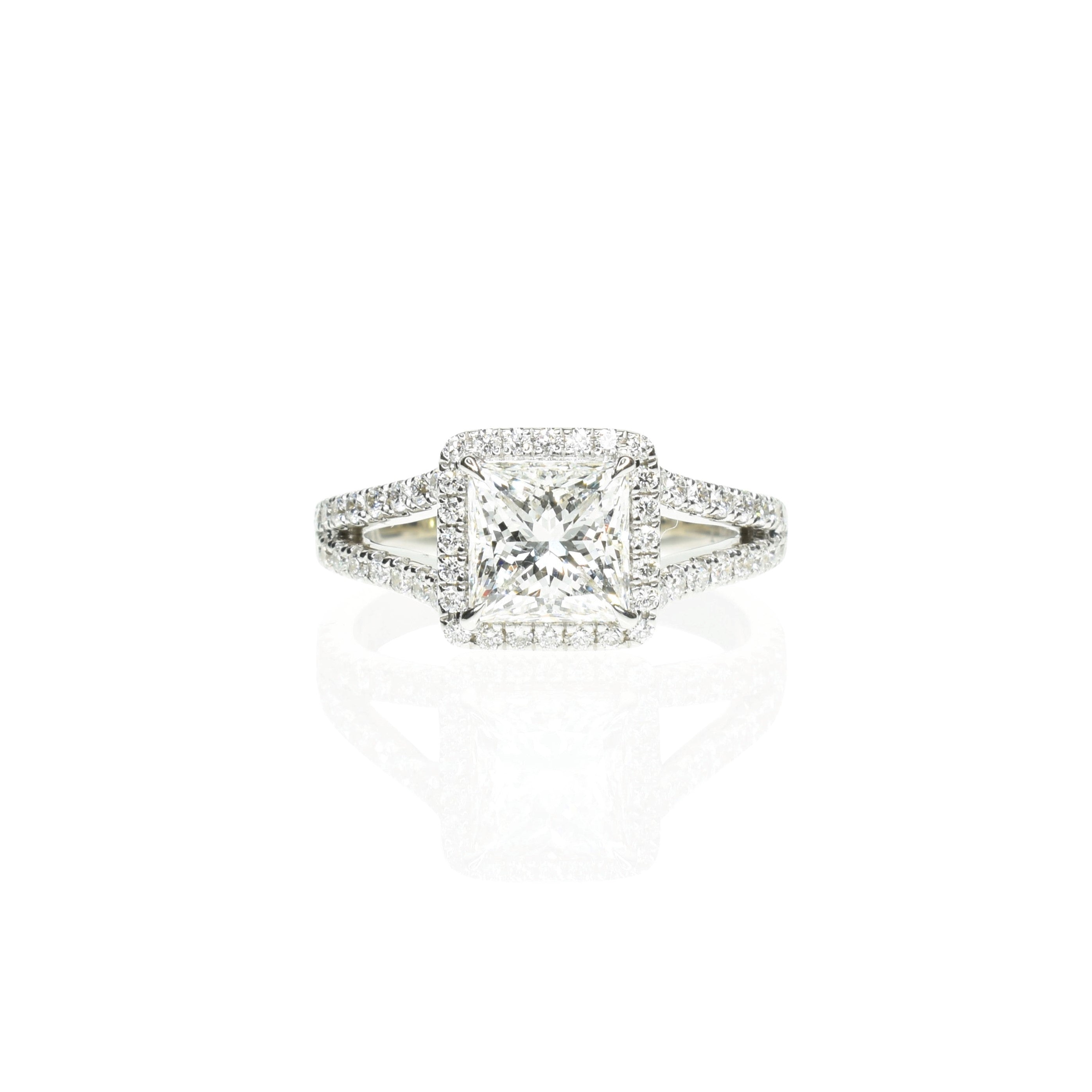 Princess Cut Diamond Ring with a Halo and Split Shank