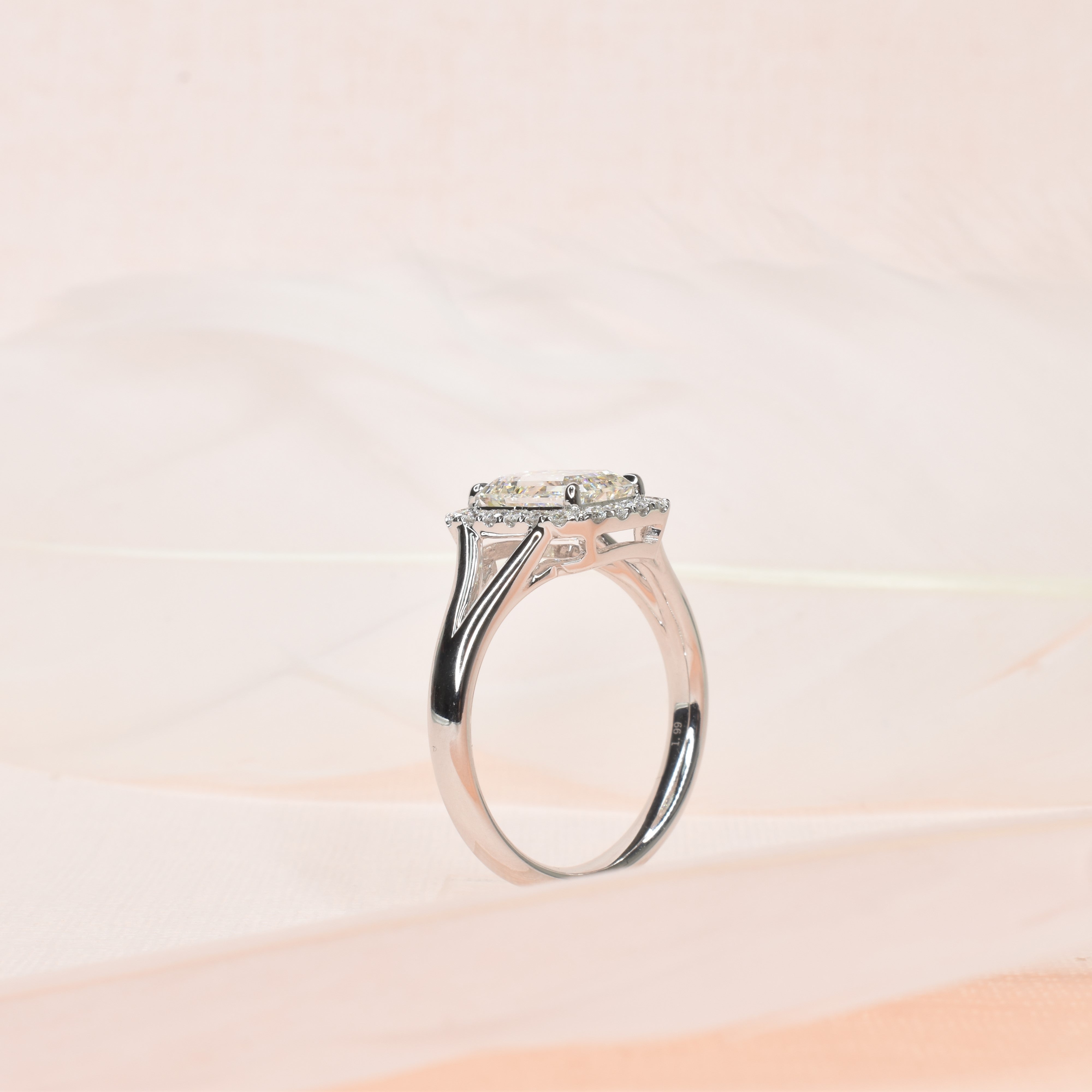 Split Shank Emerald Cut Halo Diamond Ring