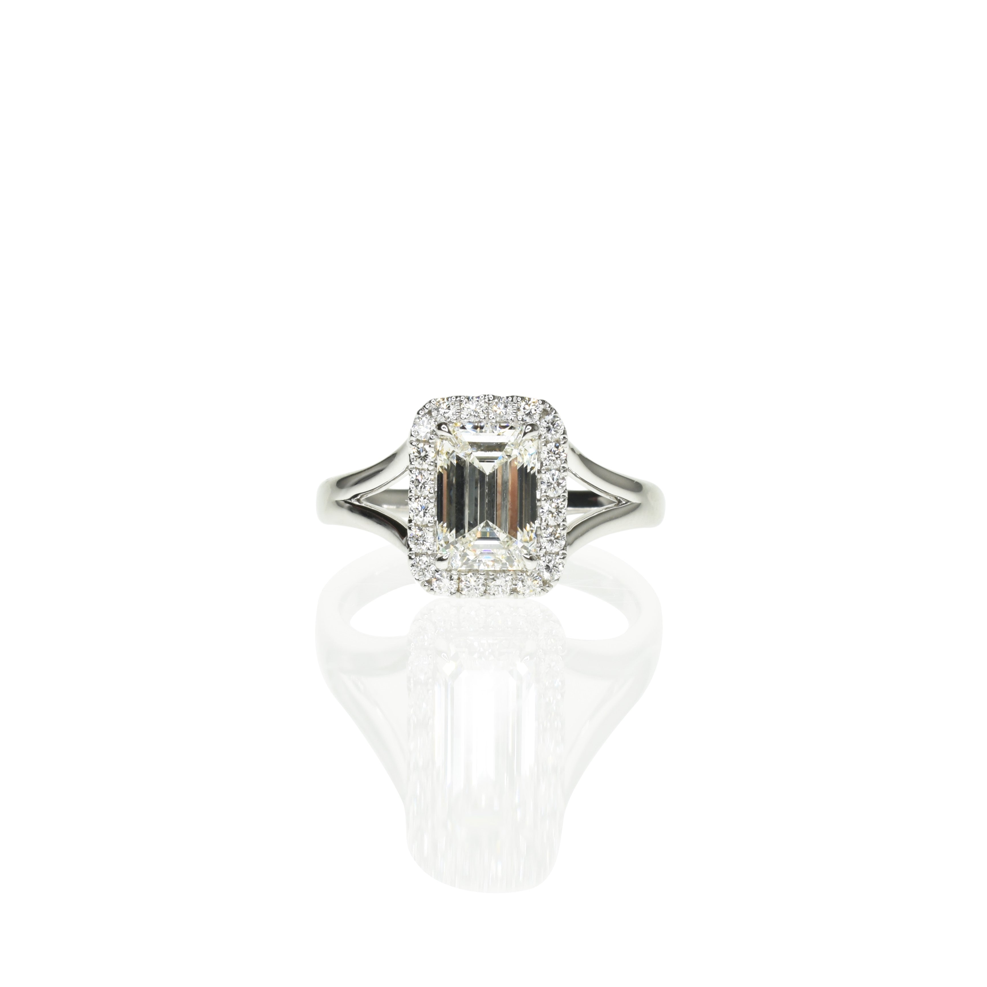 Split Shank Emerald Cut Halo Diamond Ring
