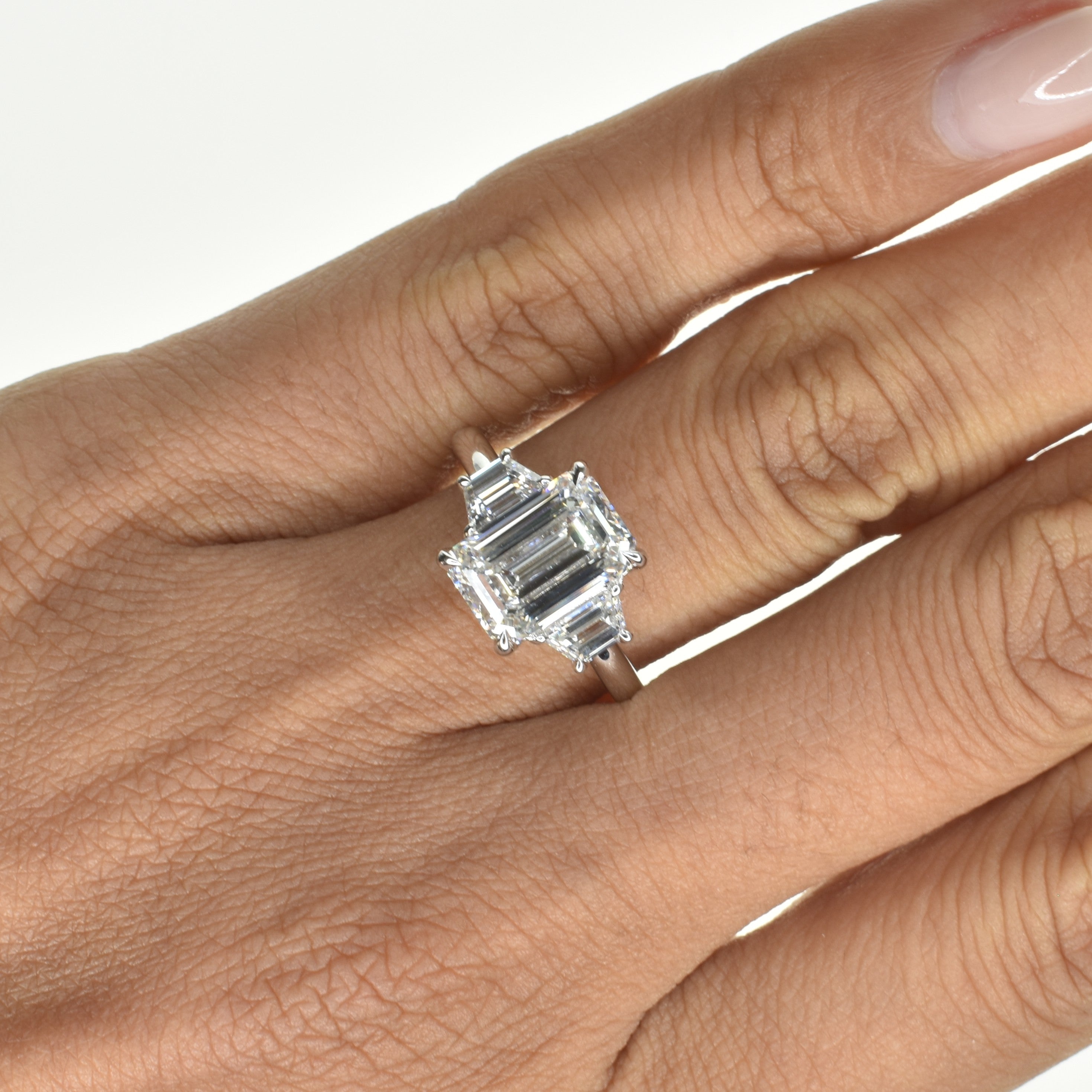 2.5ct Emerald Shape Lab Grown Diamond Trilogy Ring with Trapezoids