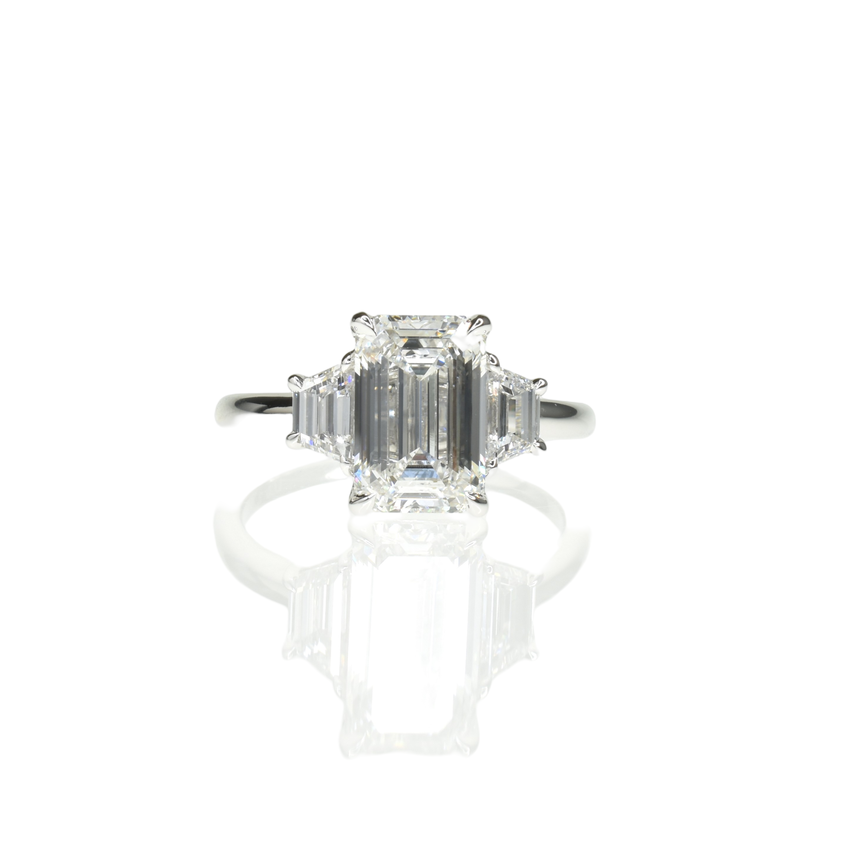 2.5ct Emerald Shape Lab Grown Diamond Trilogy Ring with Trapezoids