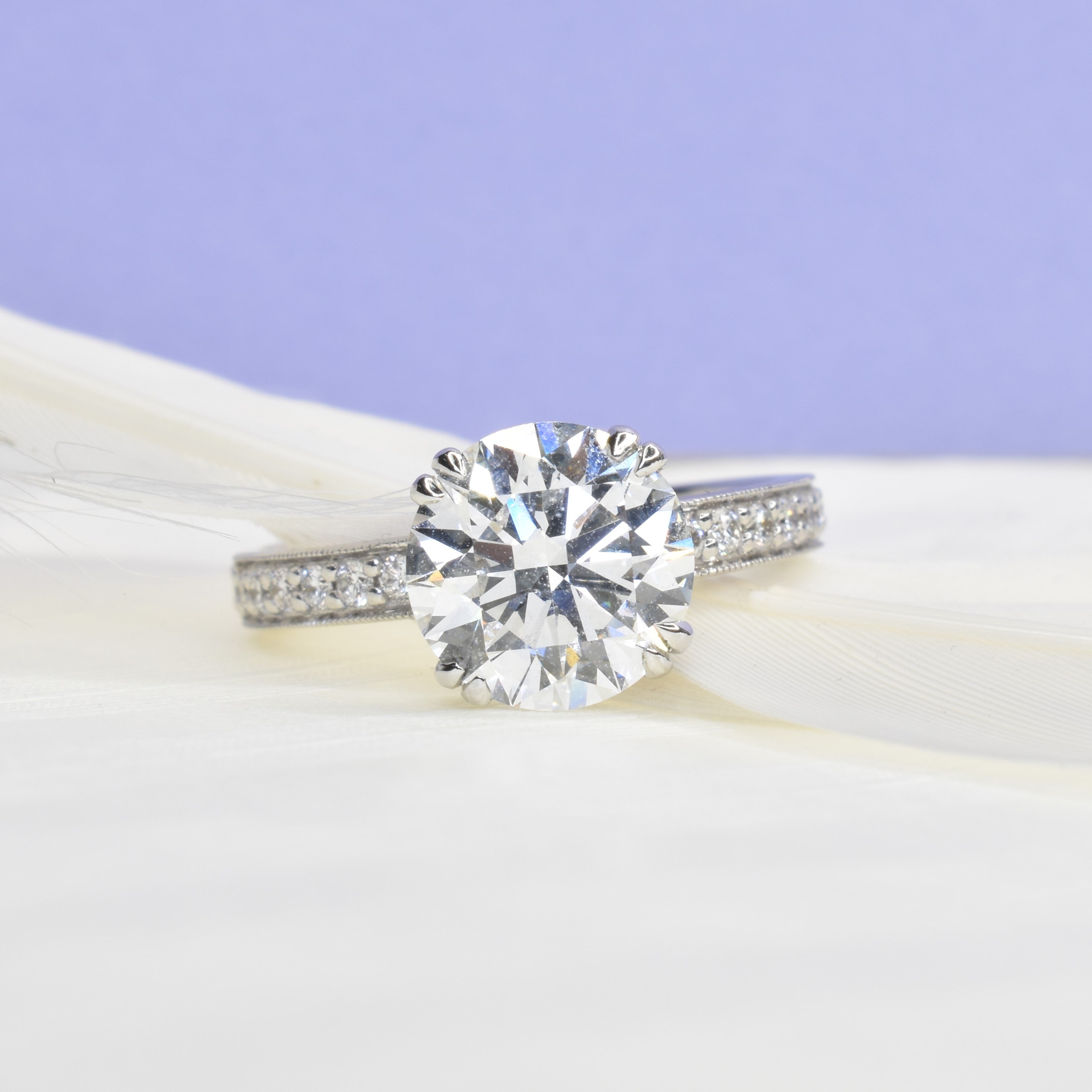 2.60ct Lab Grown Diamond Engagement Ring with Double Eagle Prongs and Diamond Band