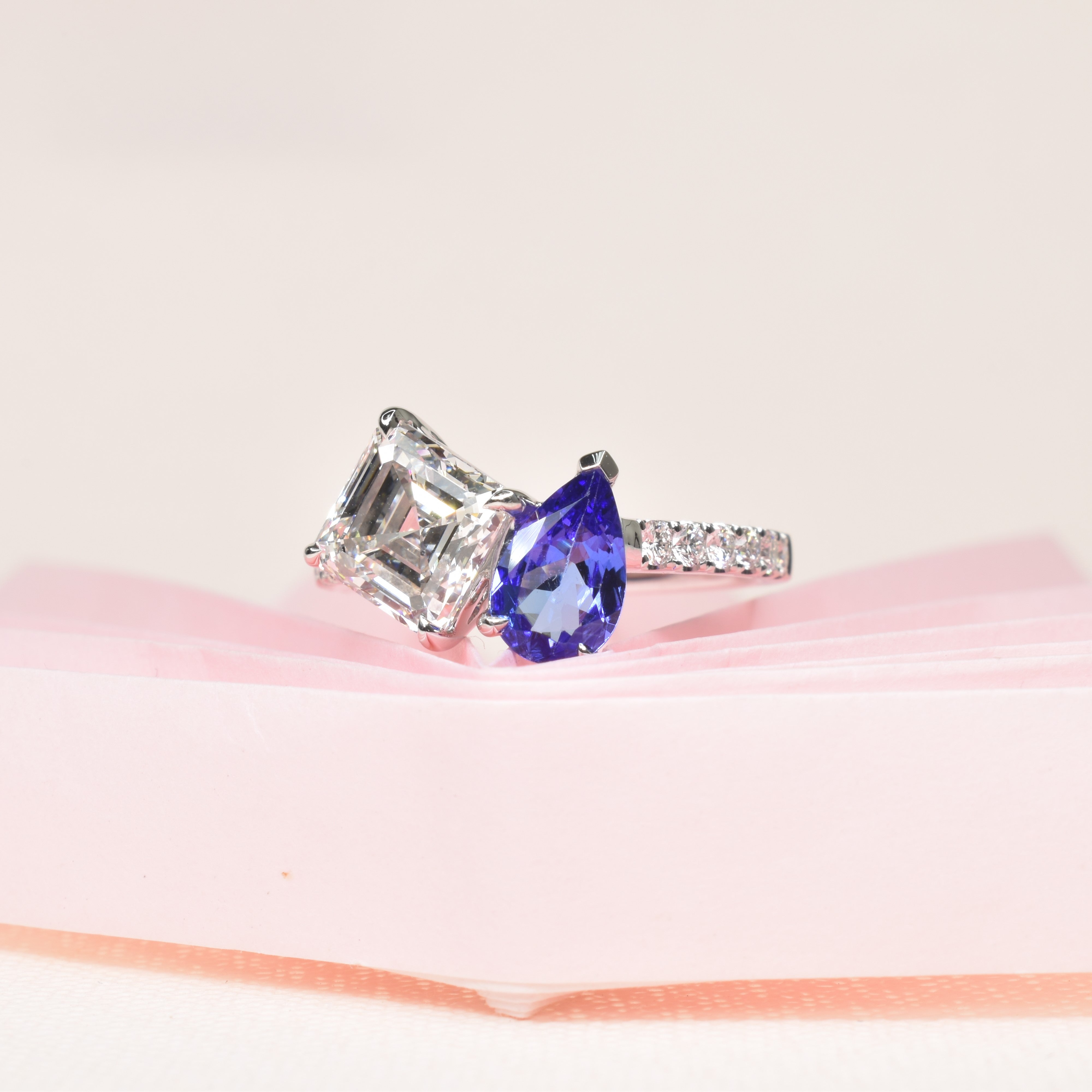 Moi Et Toi Ring with Asscher Cut Diamond and Tanzanite