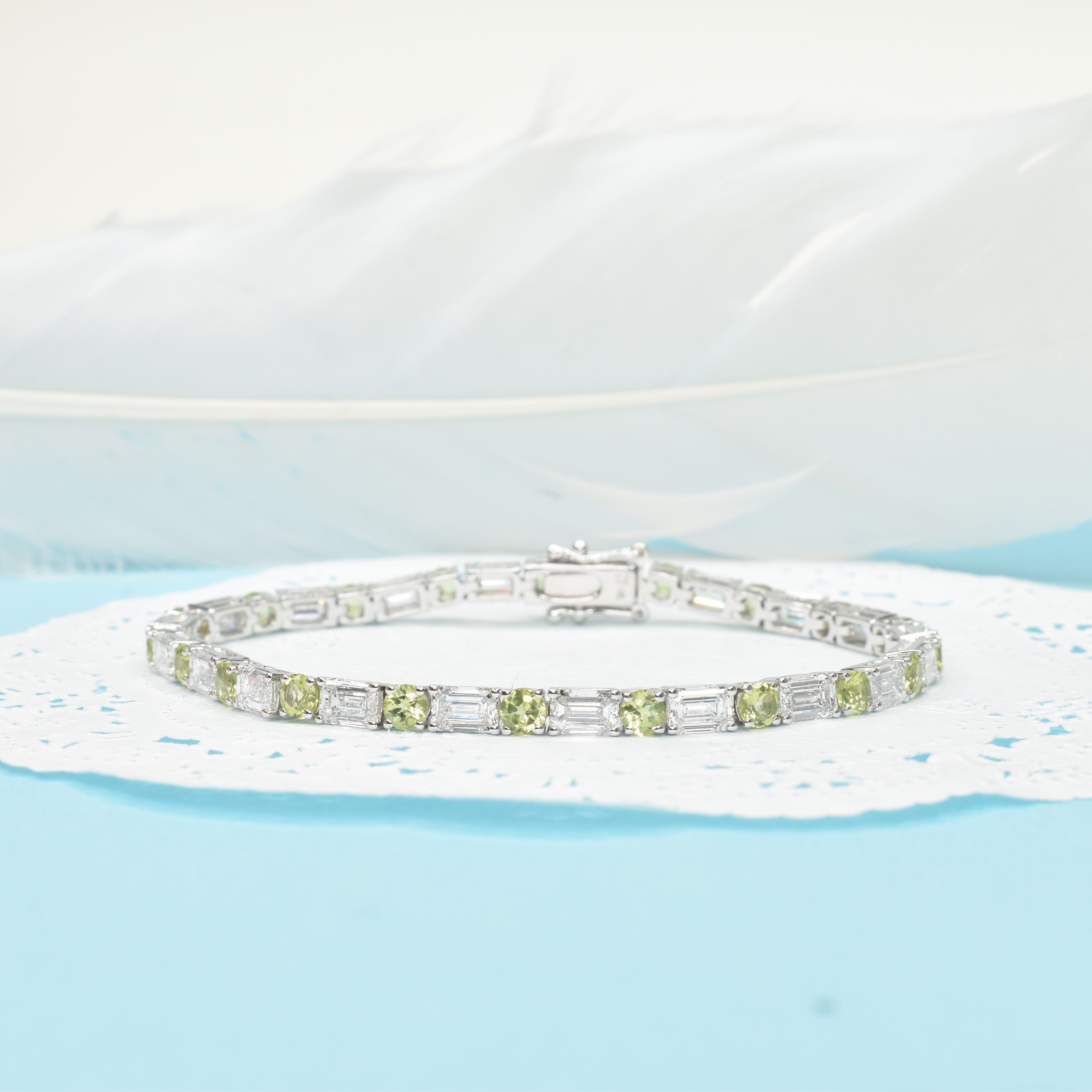 Emerald Cut Diamond and Round Peridot Bracelet