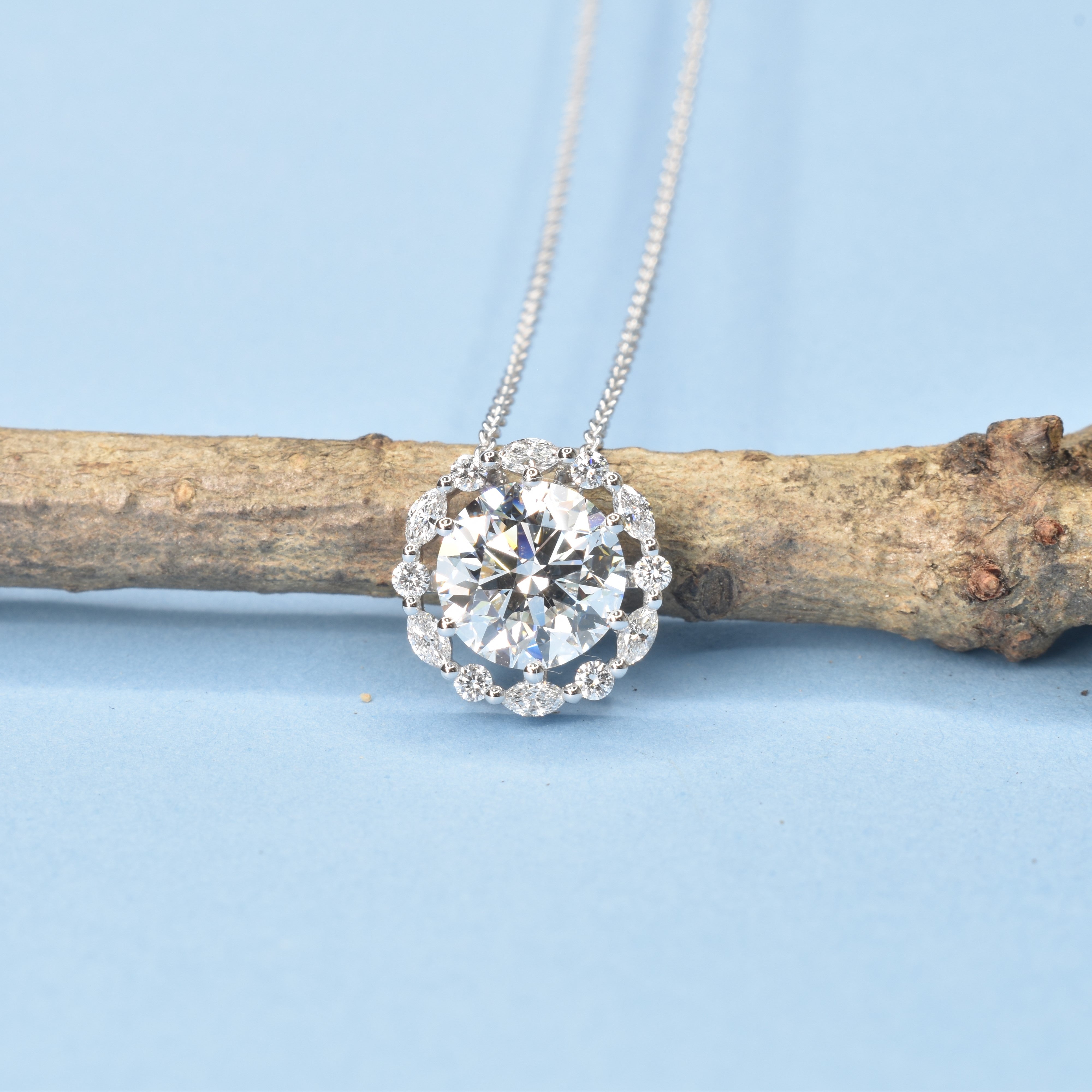 Diamond Necklace with Lab Grown 2ct Round Diamond and Unique Halo