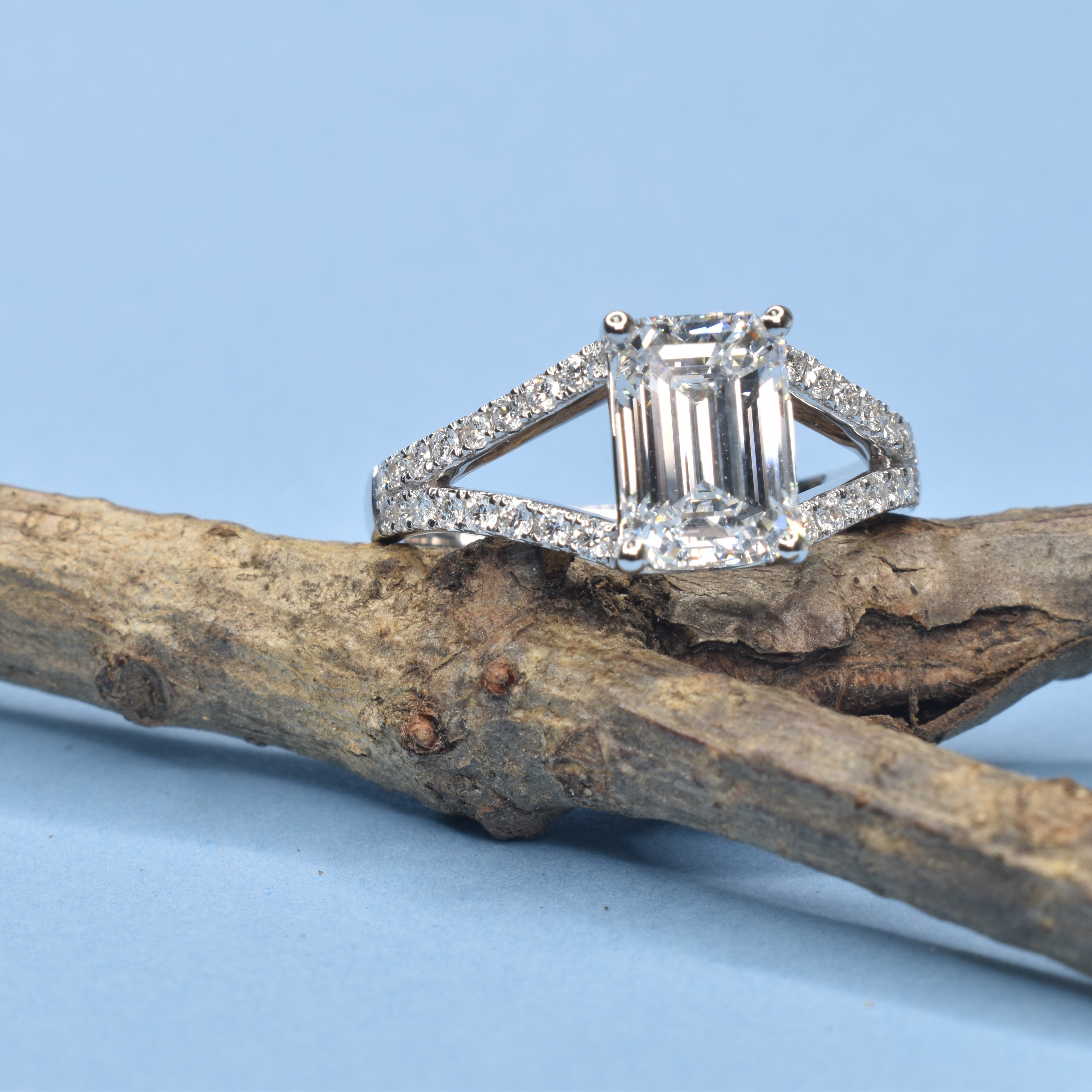 Split Shank Engagement Ring with Emerald Shaped Diamond