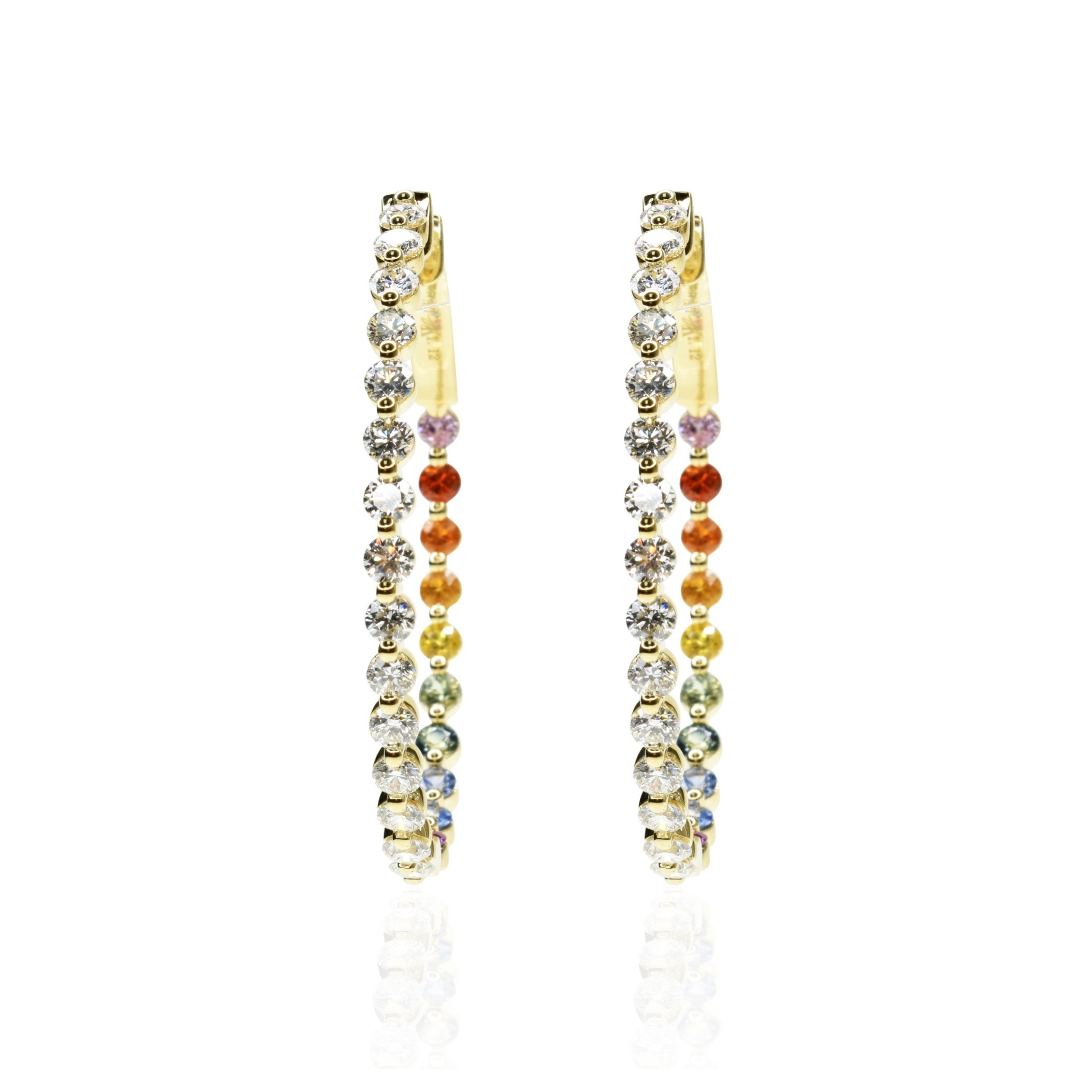 Shared Prong Diamond and Rainbow Sapphire Hoops
