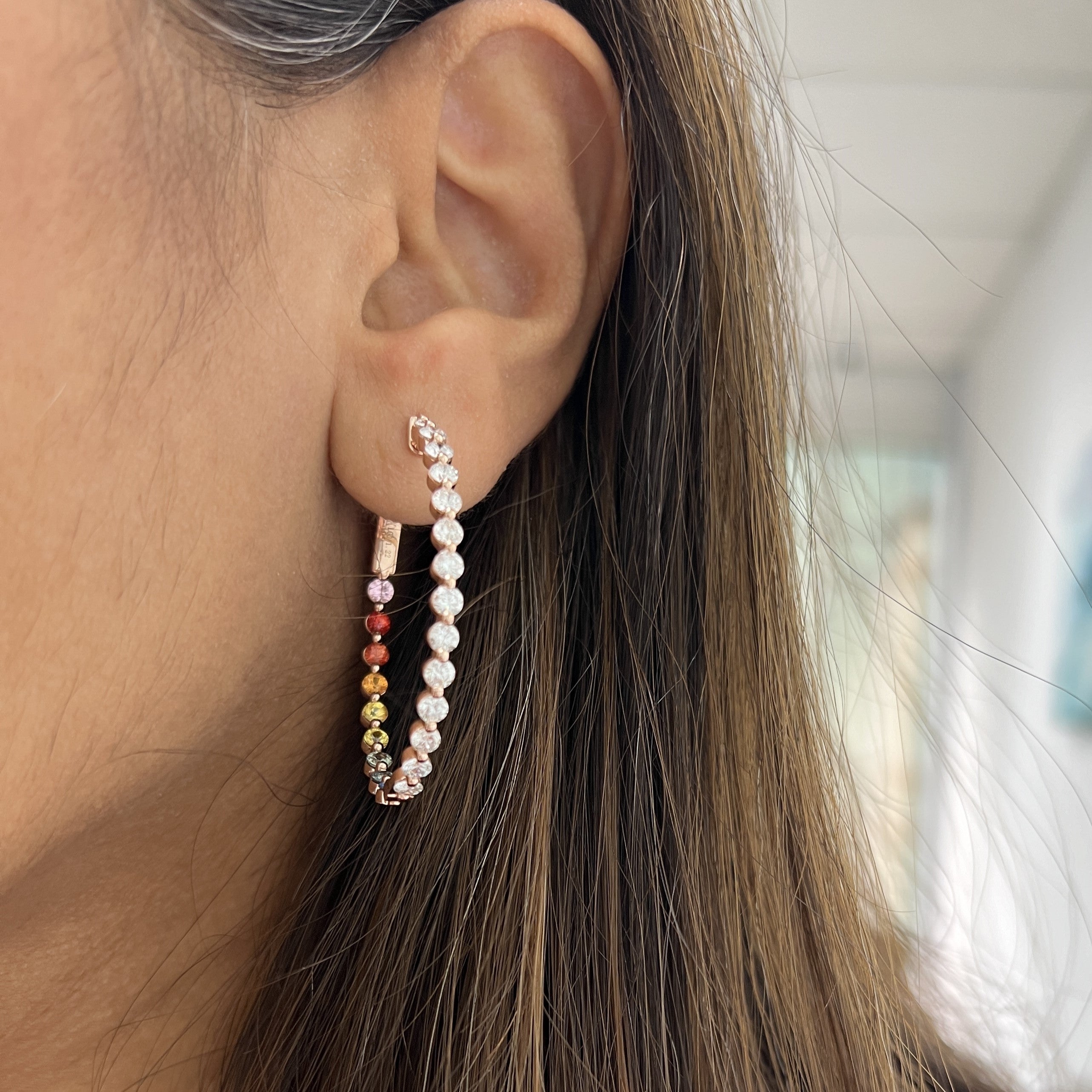 Shared Prong Diamond and Rainbow Sapphire Hoops