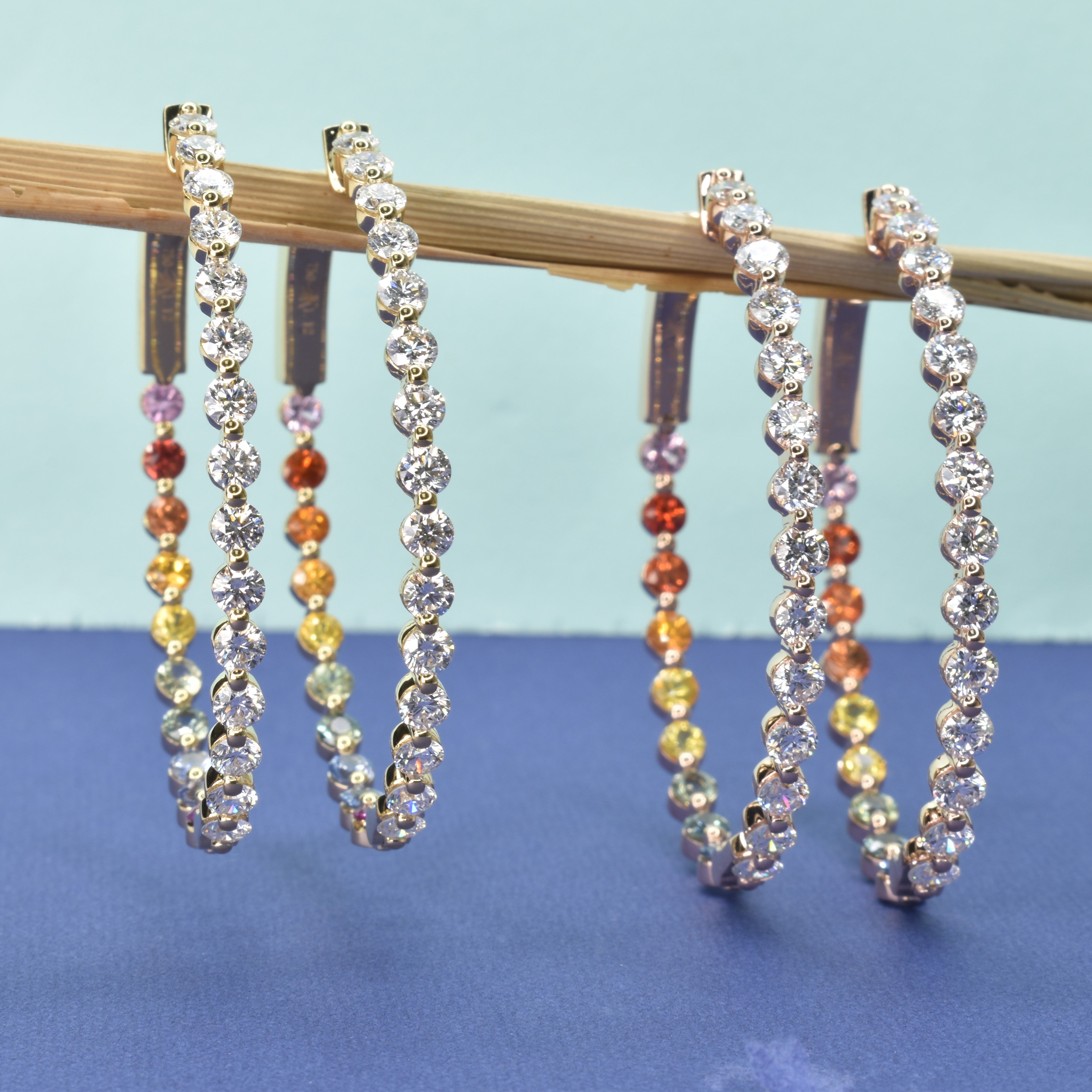 Shared Prong Diamond and Rainbow Sapphire Hoops