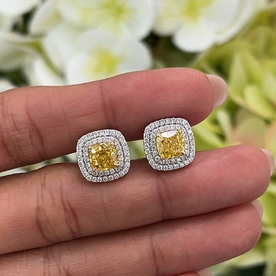 2ct Lab Grown Diamond Fancy Yellow Diamond Earrings with Double Halo