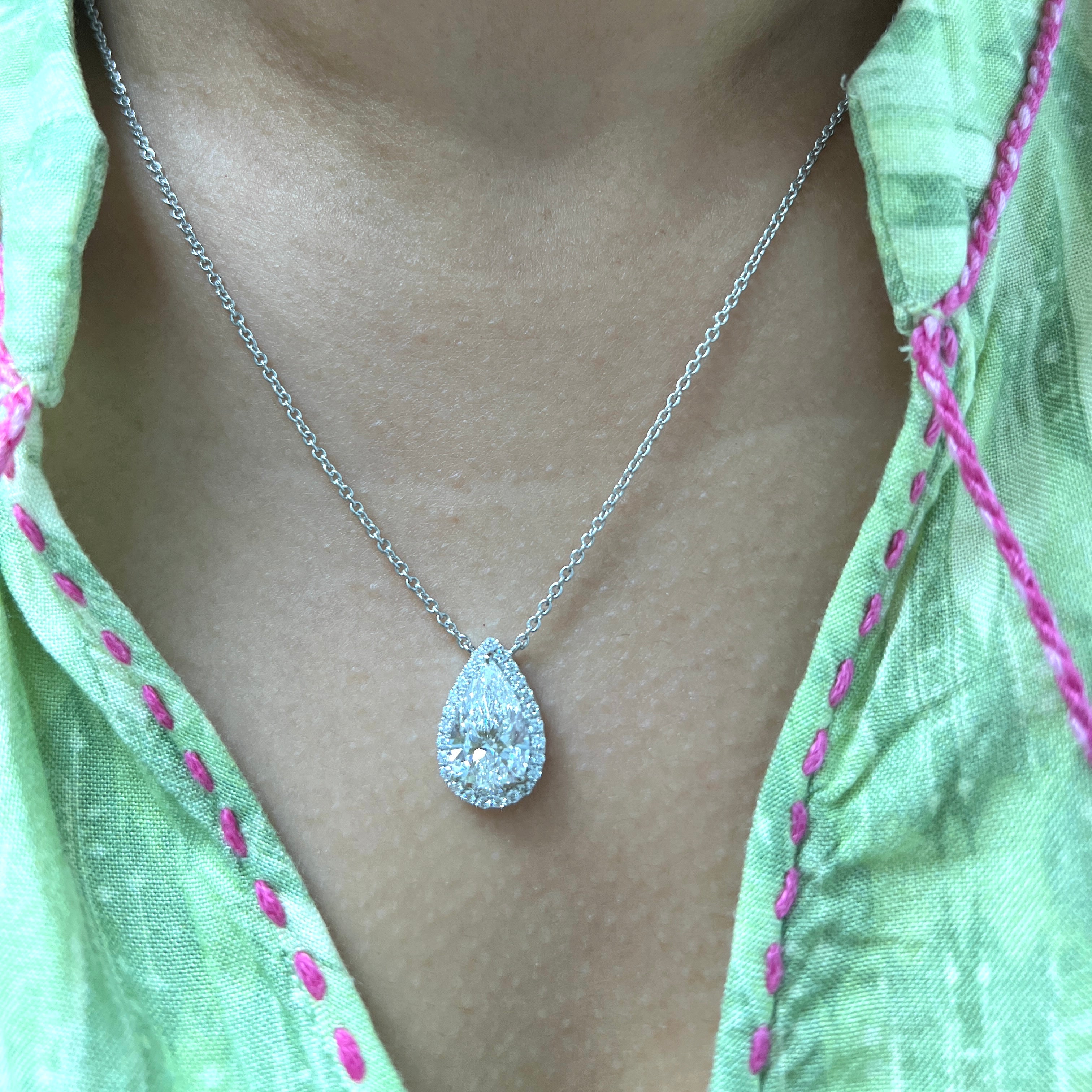 Lab Grown Diamond Necklace with a 2ct Pear Shape Diamond and Halo
