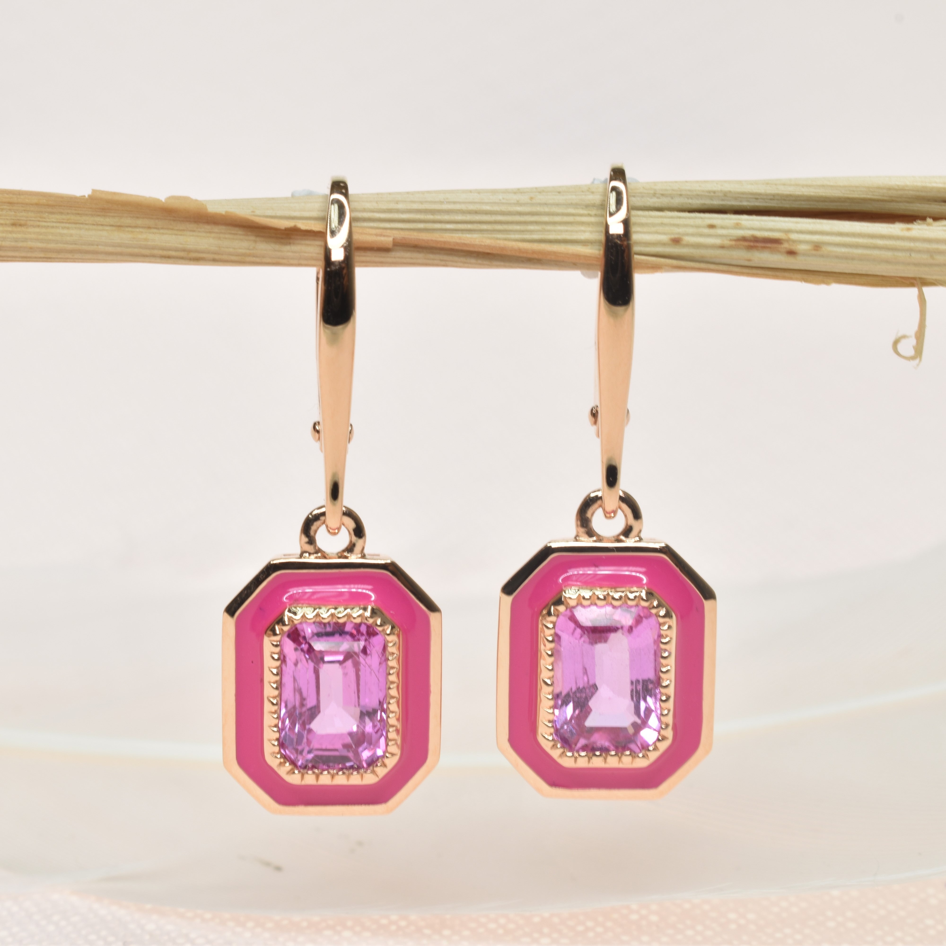 Octagon Shaped Pink Sapphire Dress Earrings