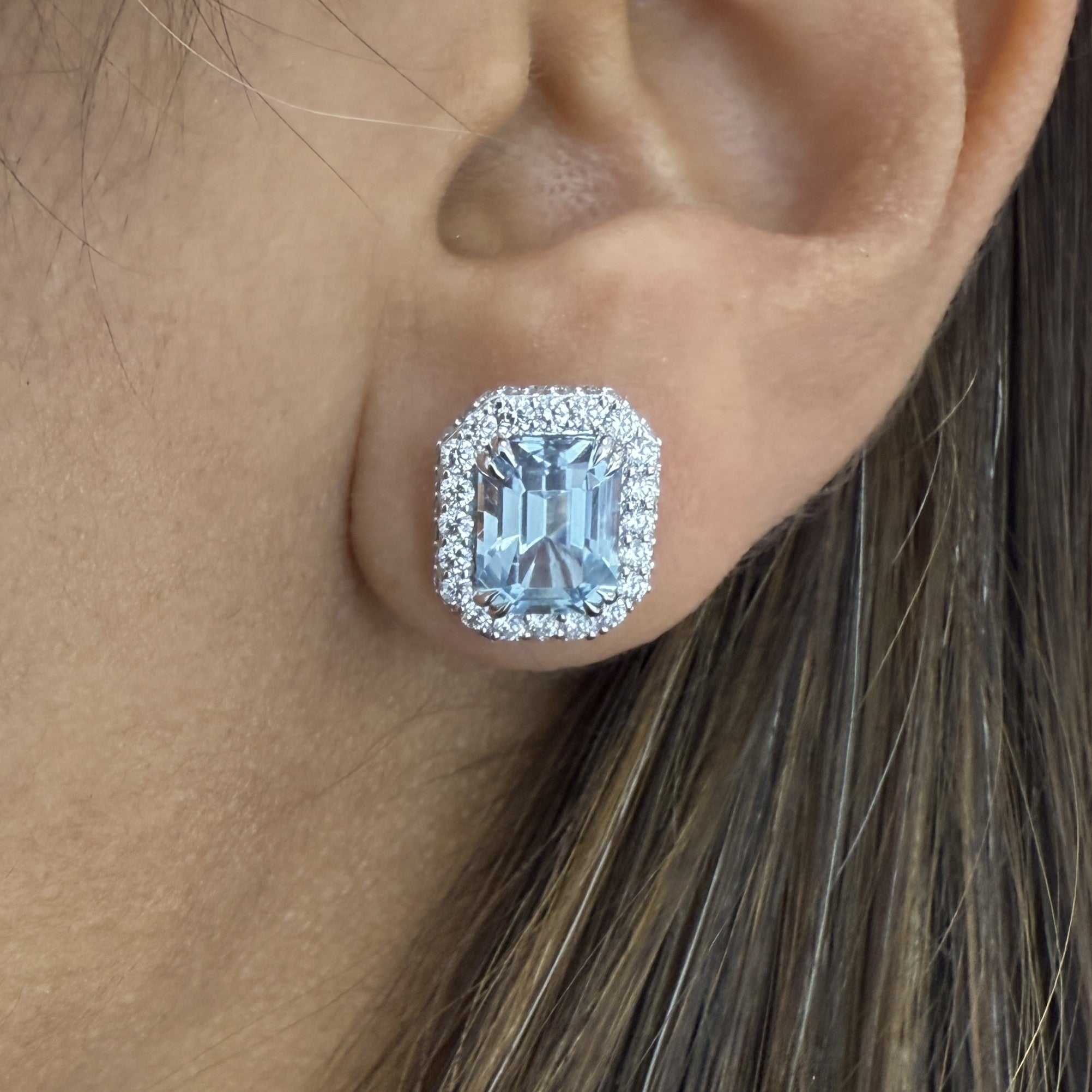 Aquamarine Earrings with Halo Diamond Setting