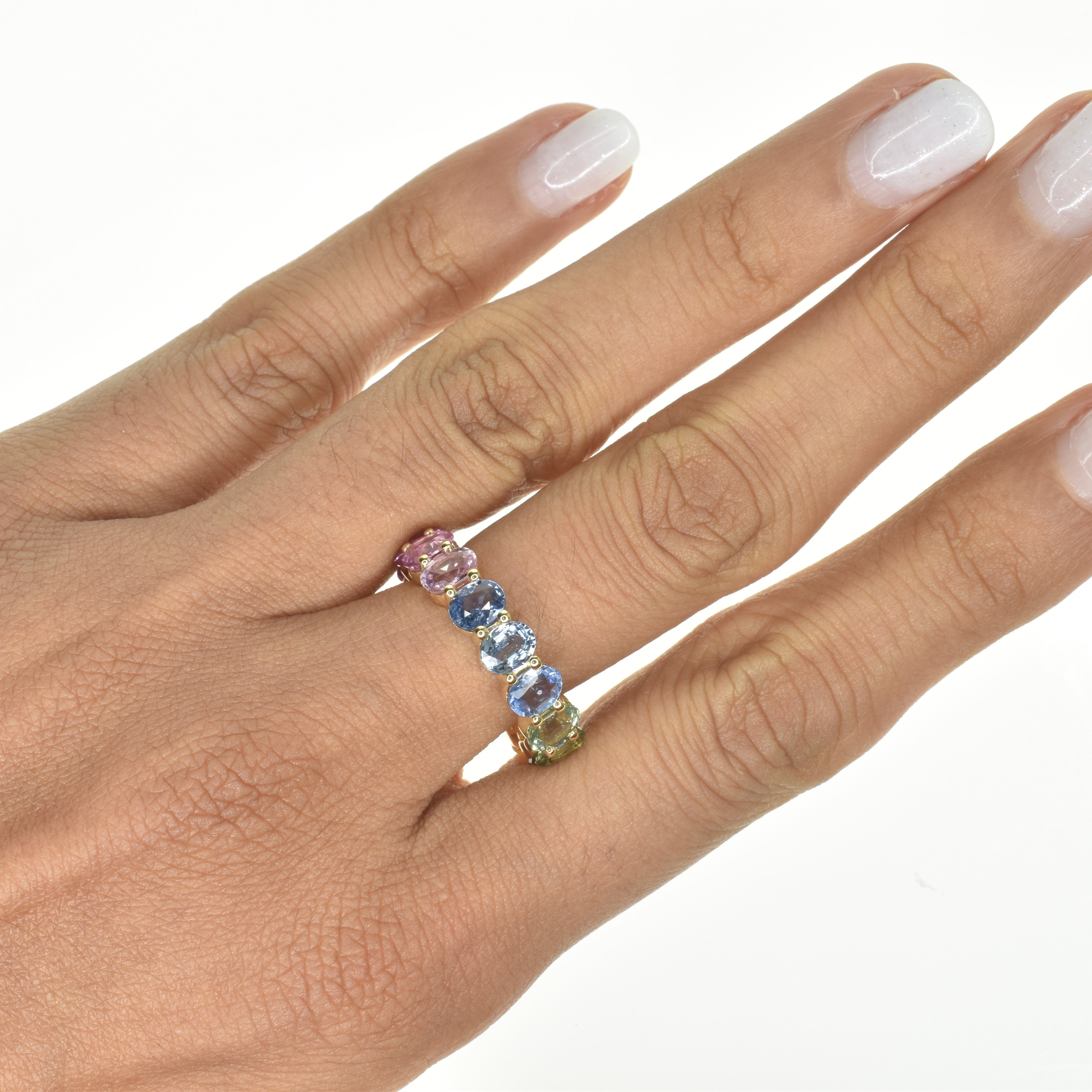 Vertically Set Rainbow Oval Sapphire Ring