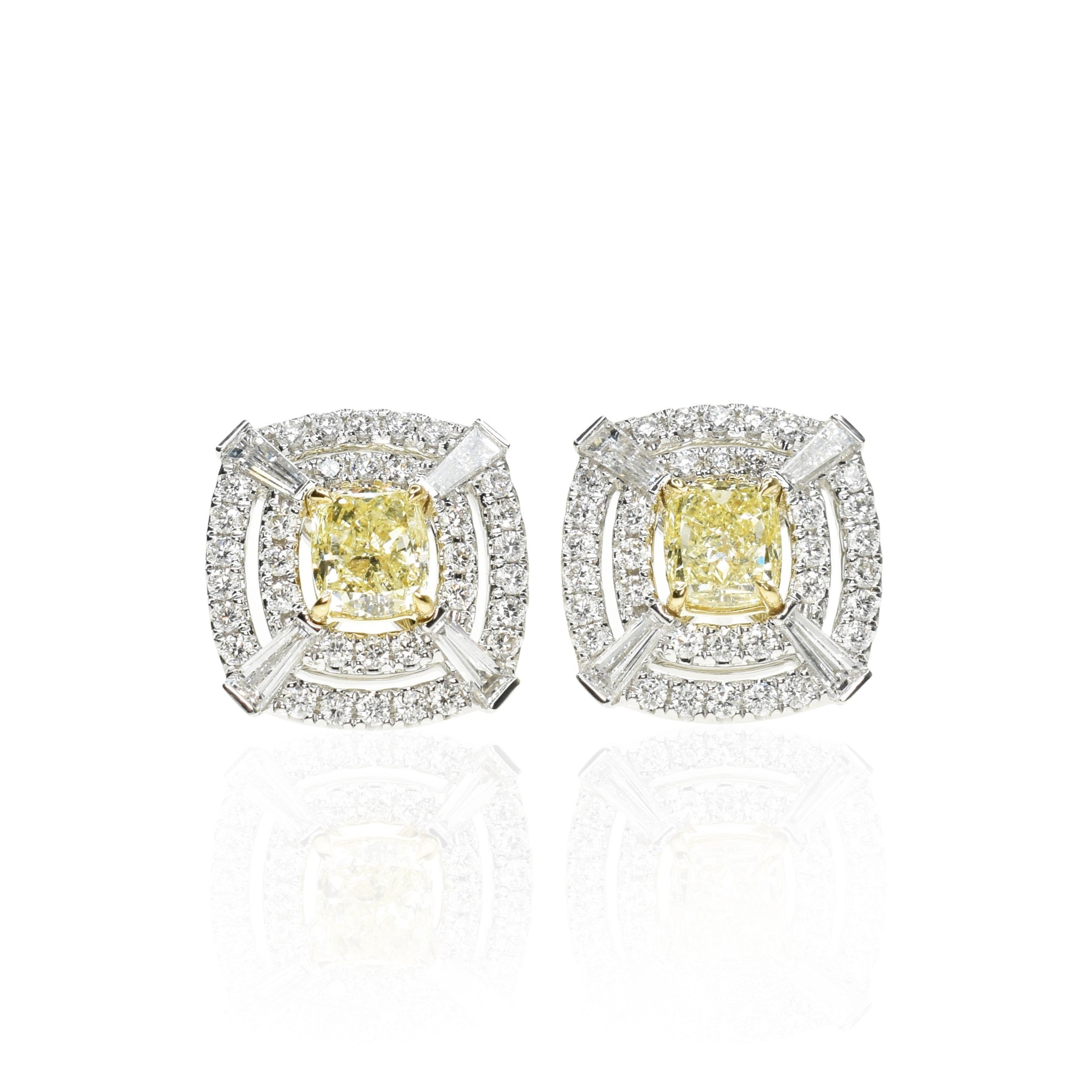 Double Halo Intense Yellow Cushion Cut Earrings