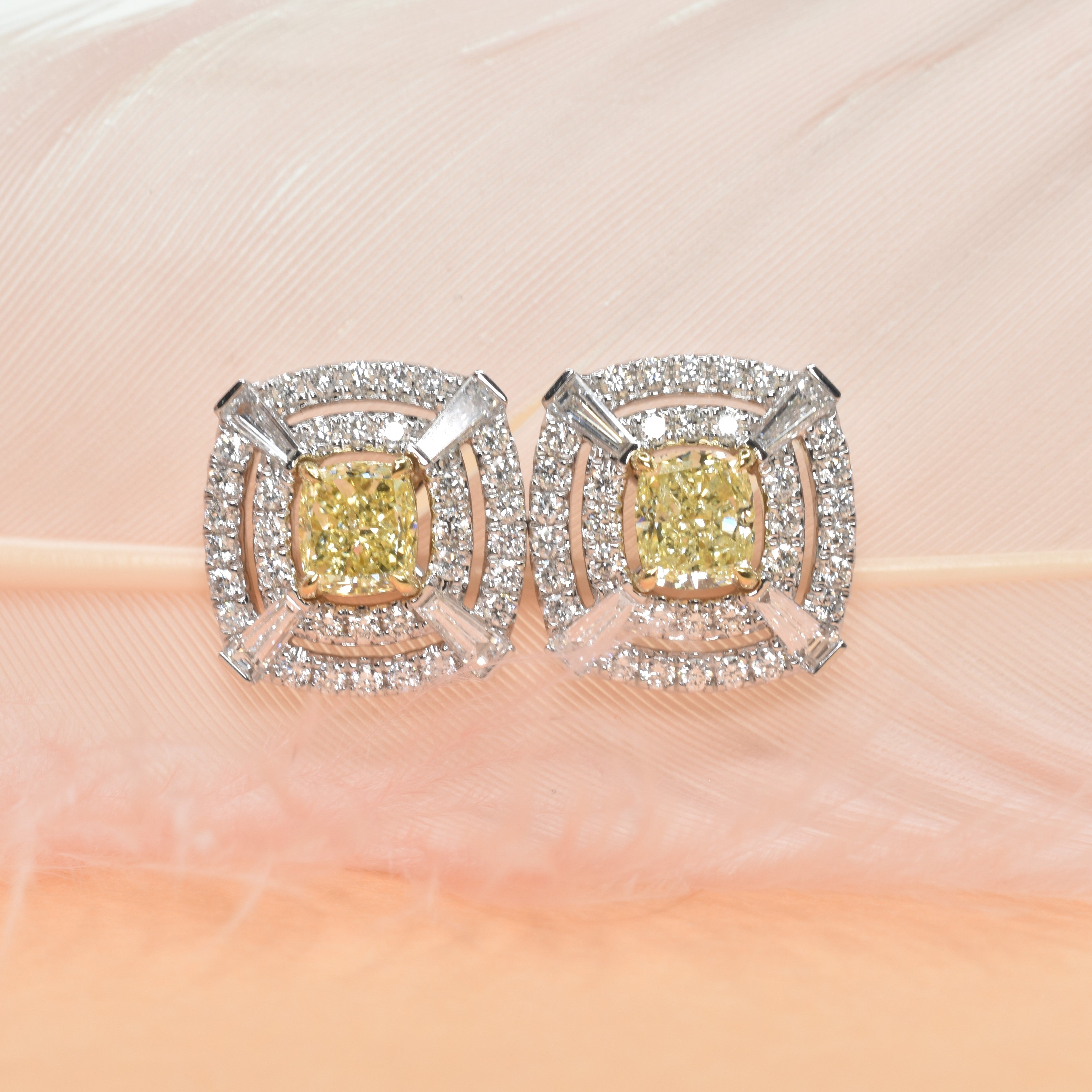 Double Halo Intense Yellow Cushion Cut Earrings