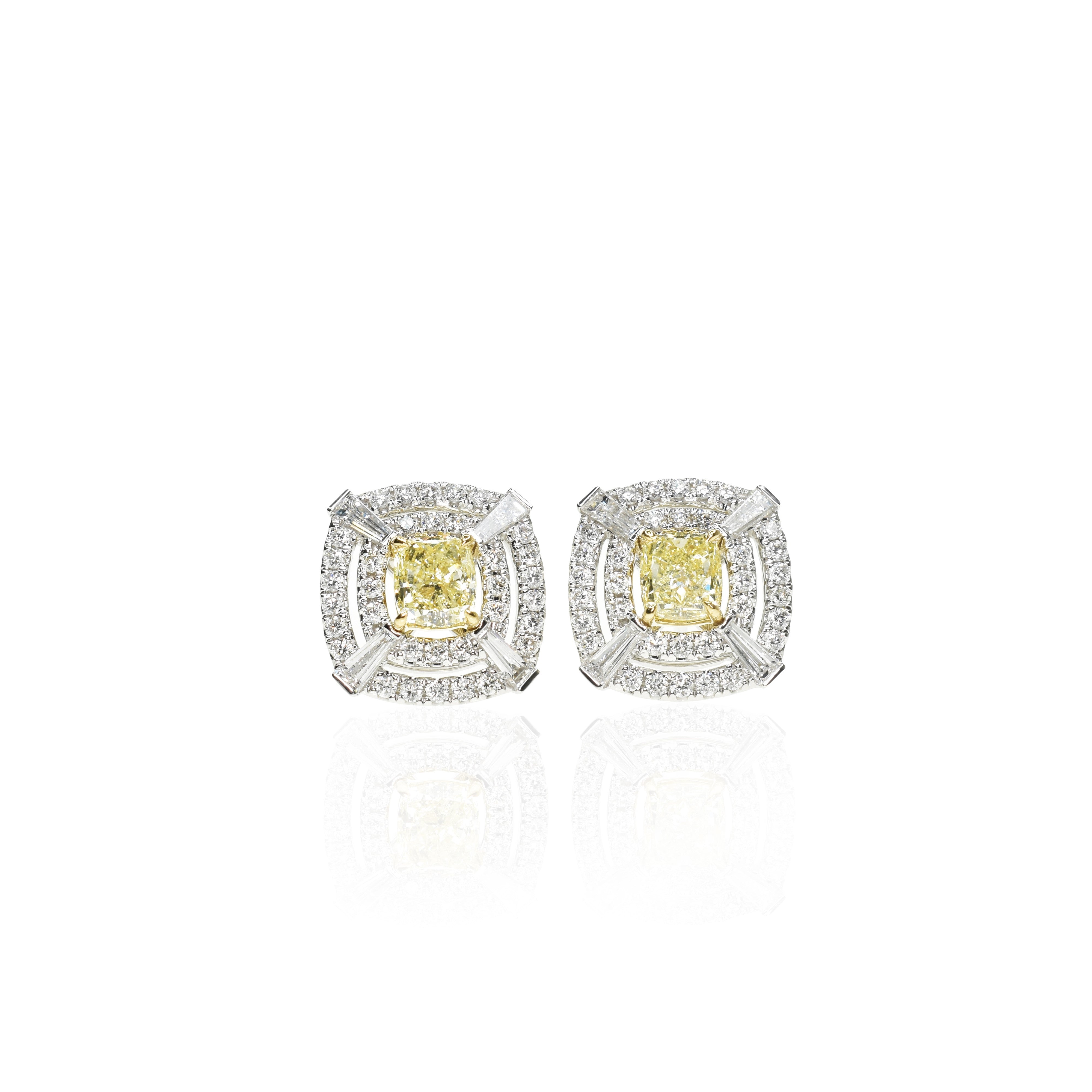 Double Halo Intense Yellow Cushion Cut Earrings