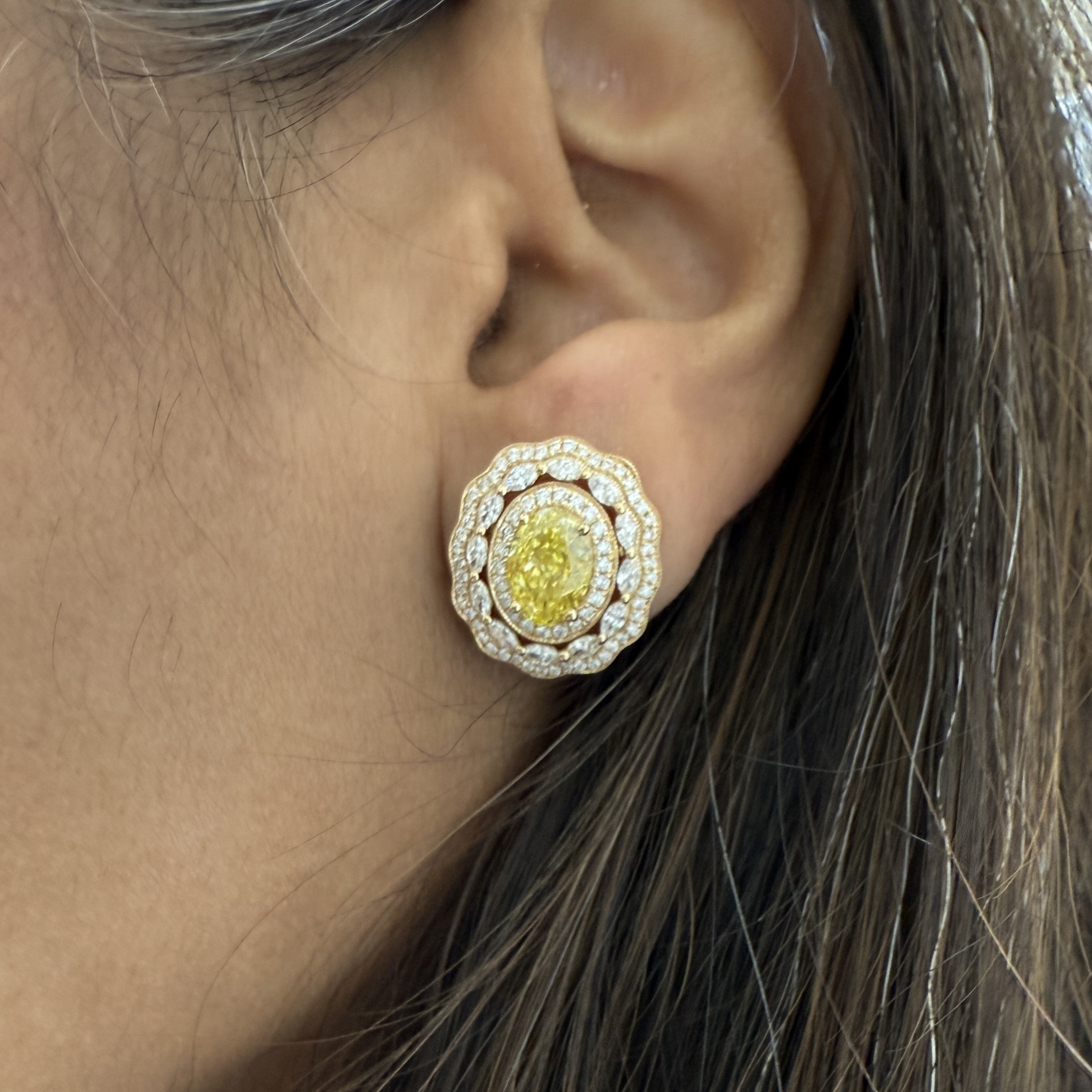 3.5ct Yellow Oval Lab Grown Diamond Art Deco Earrings