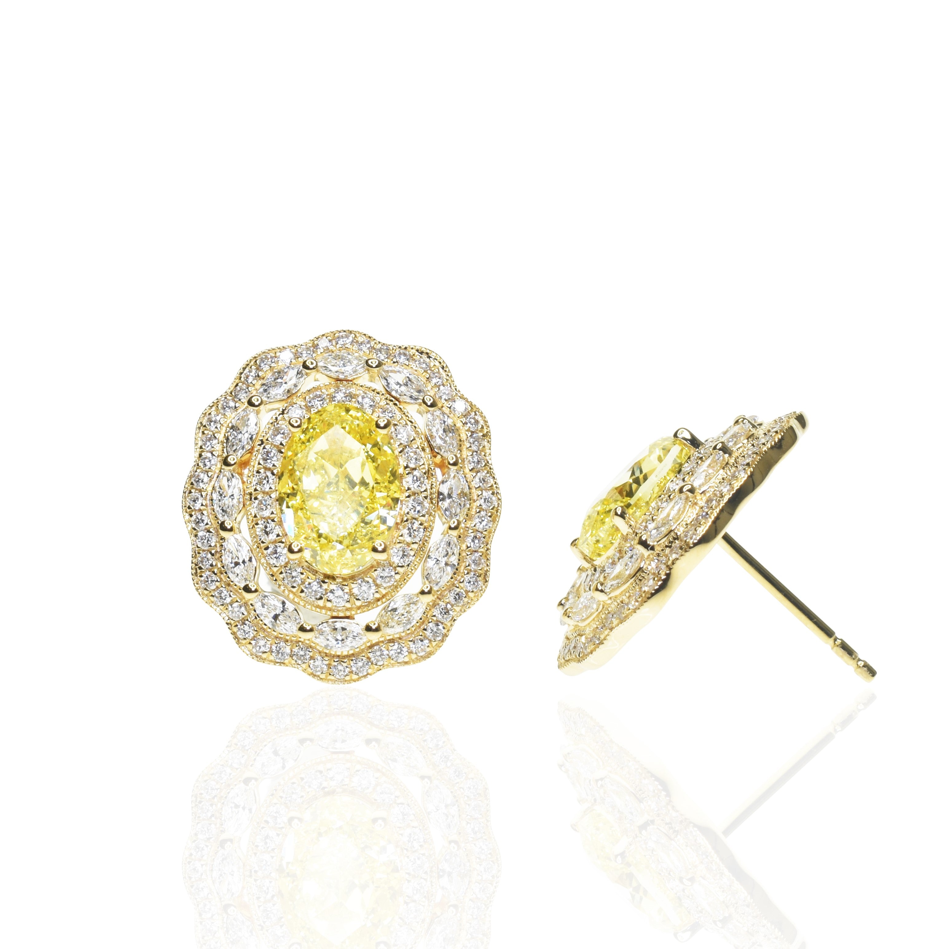 3.5ct Yellow Oval Lab Grown Diamond Art Deco Earrings