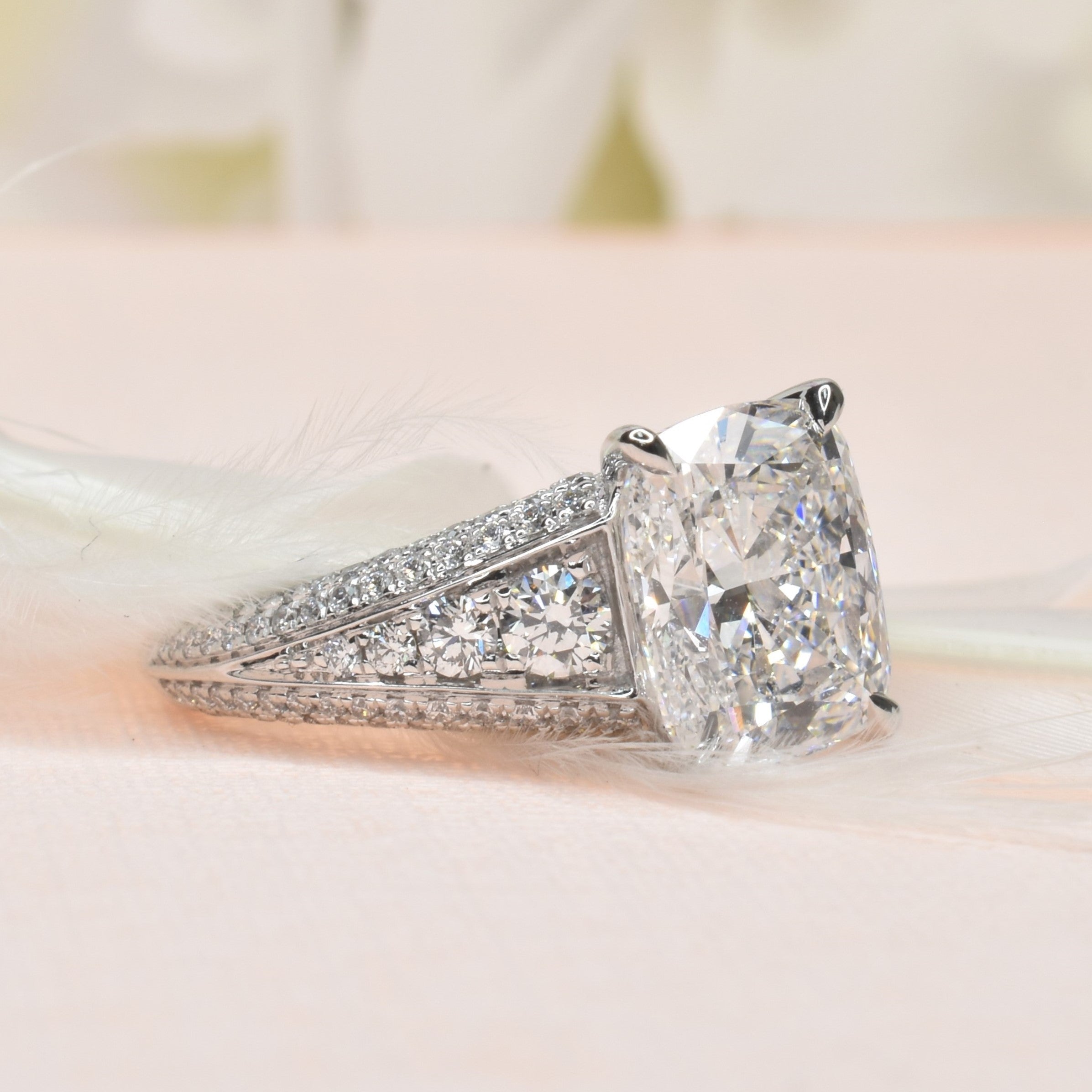 2.5ct Long Cushion Cut Diamond Ring with Wide Pave Band