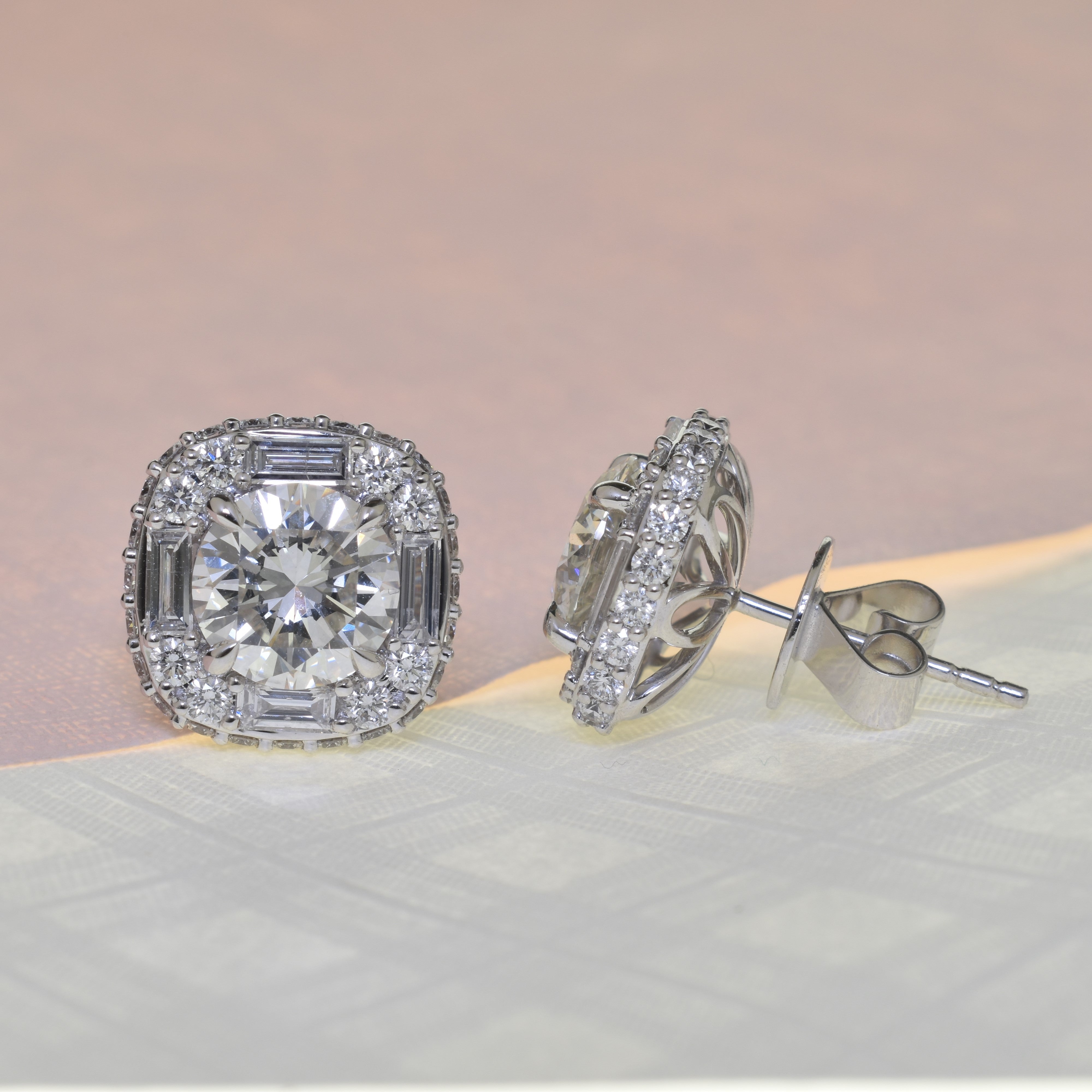 Diamond Studs with Round and Baguette Diamond Halo