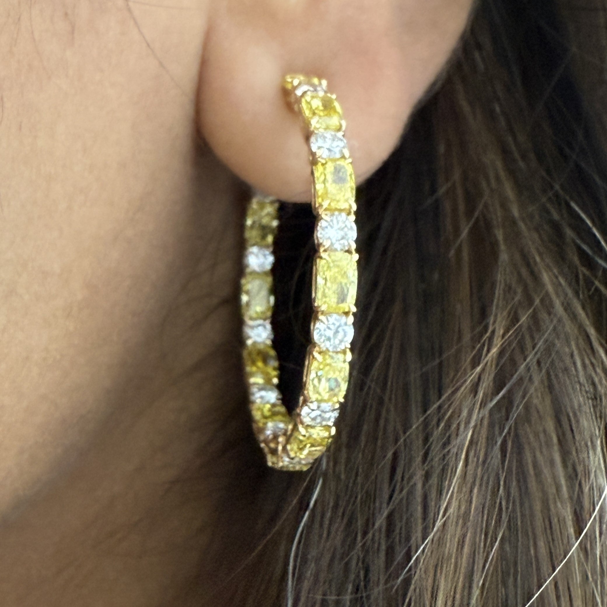 Round and Vivid Yellow Lab Grown Diamond Hoops