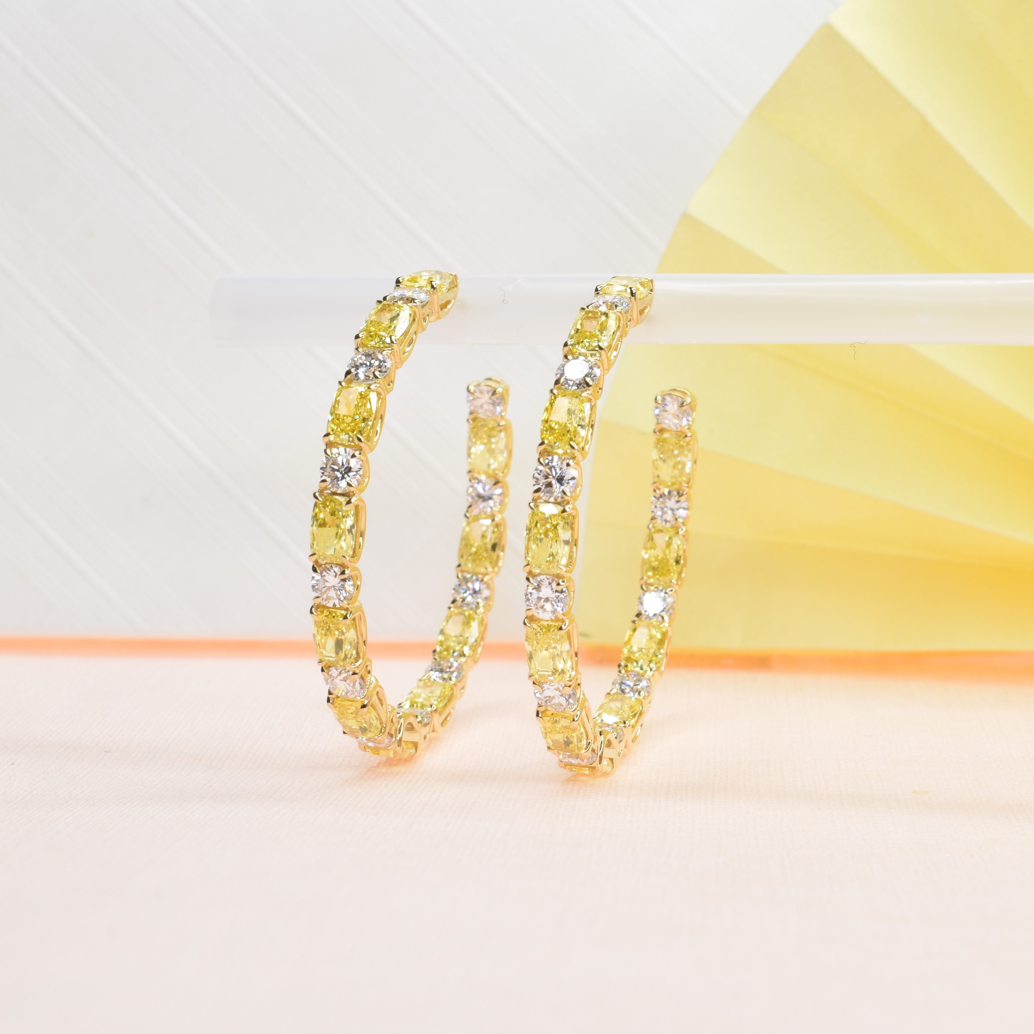Round and Vivid Yellow Lab Grown Diamond Hoops