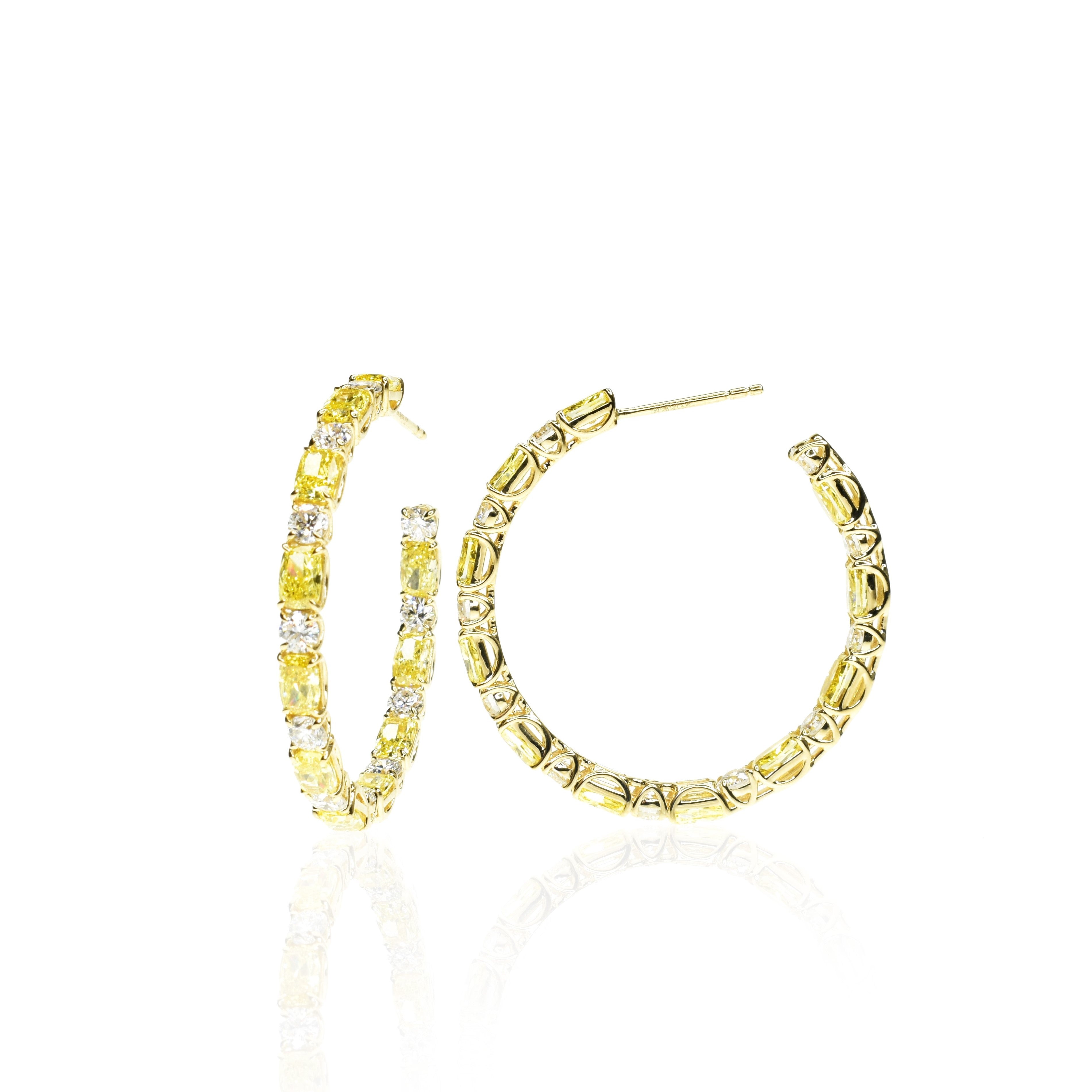 Round and Vivid Yellow Lab Grown Diamond Hoops