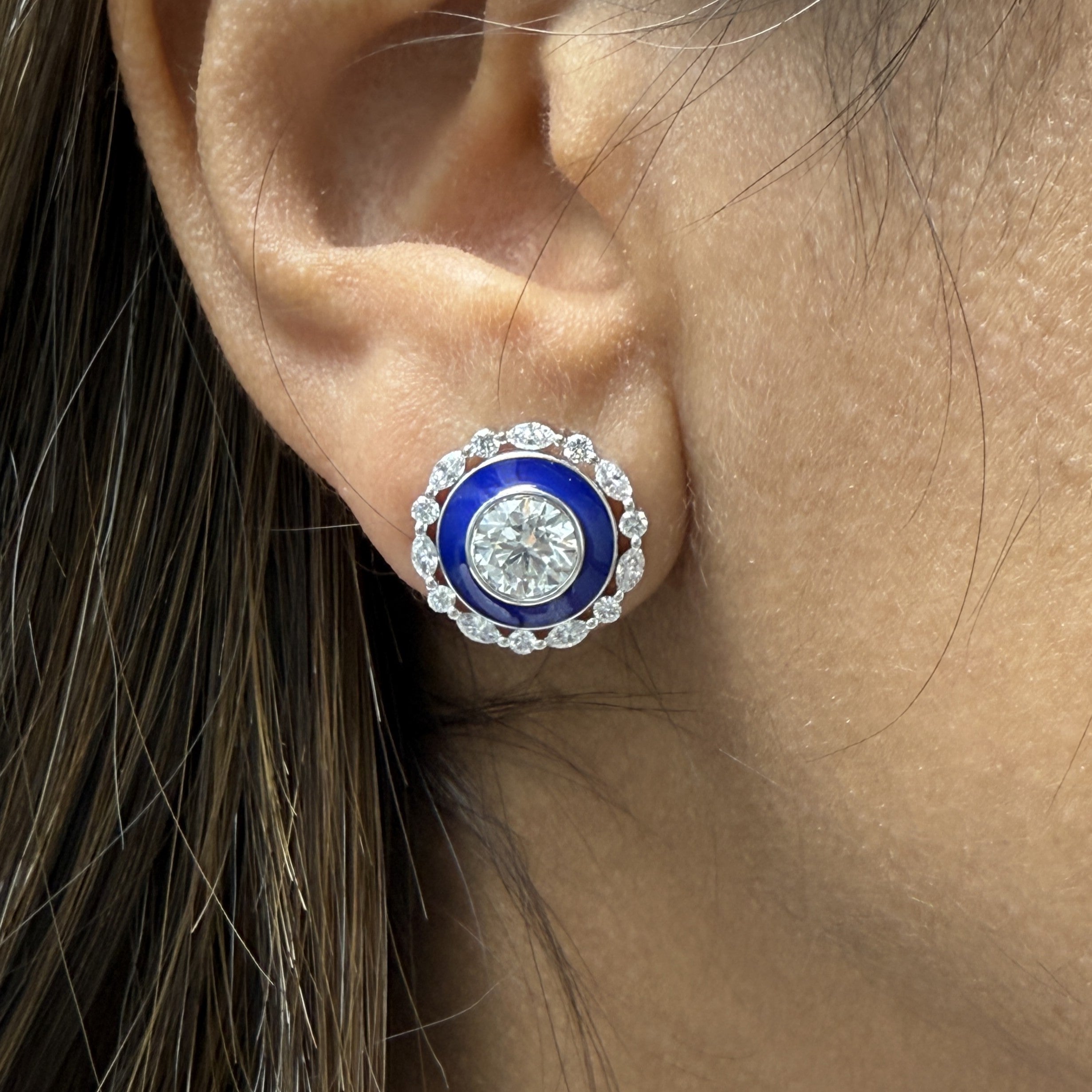 Lab Grown Marquise and Round Diamonds Halo Earrings with Blue Enamel