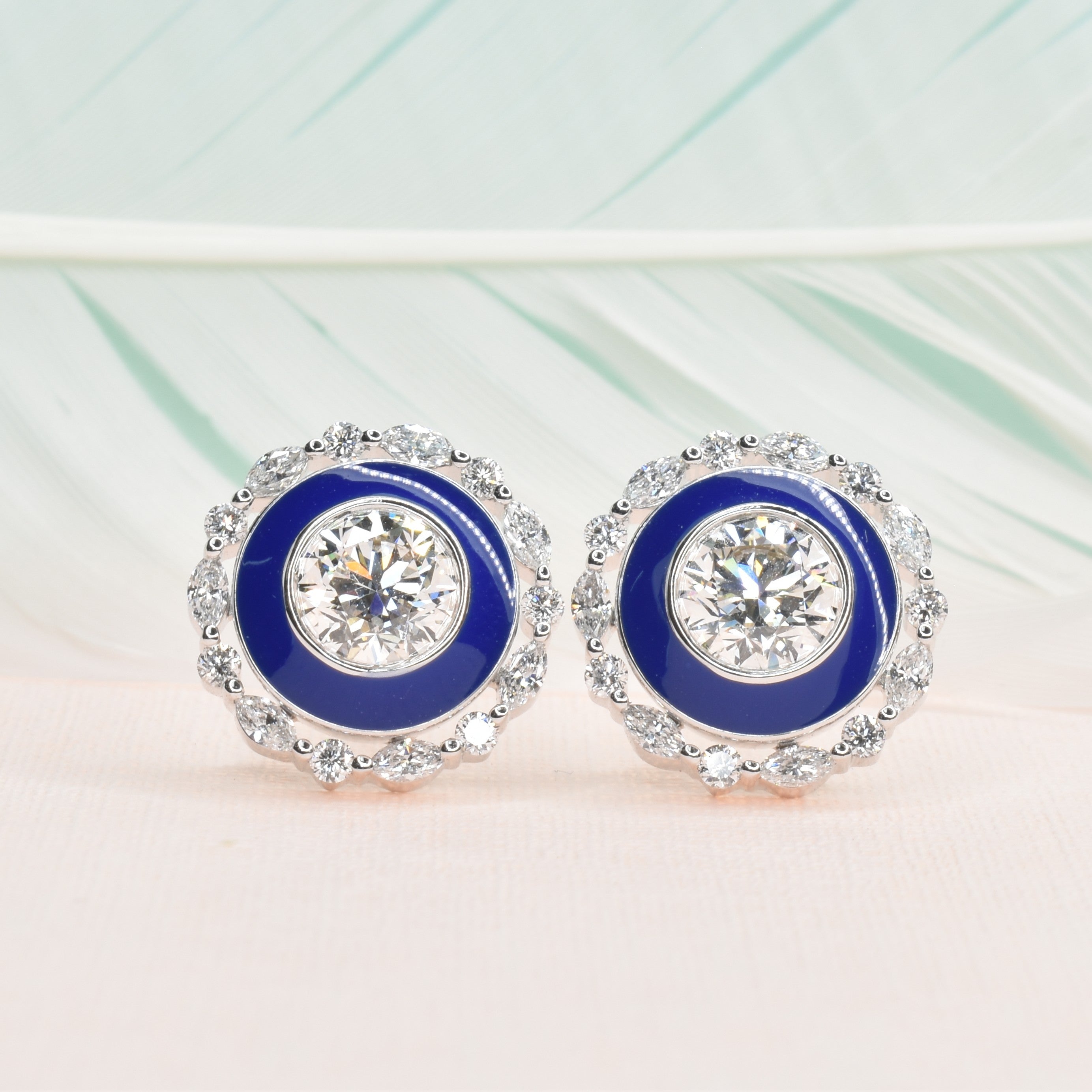 Lab Grown Marquise and Round Diamonds Halo Earrings with Blue Enamel