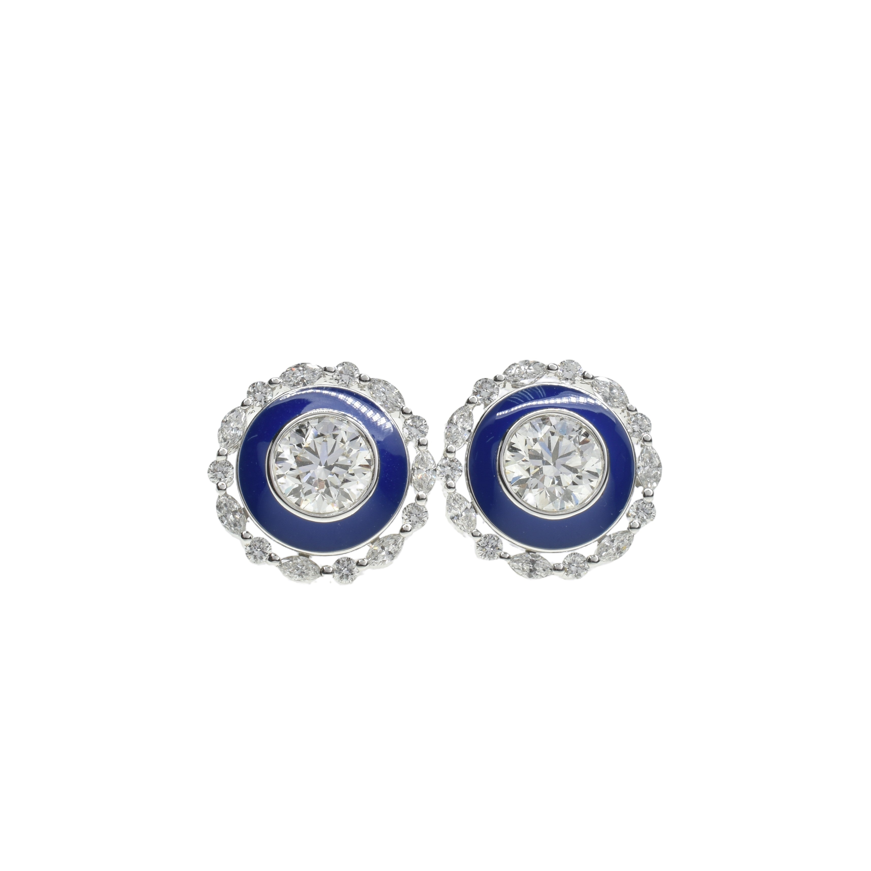 Lab Grown Marquise and Round Diamonds Halo Earrings with Blue Enamel