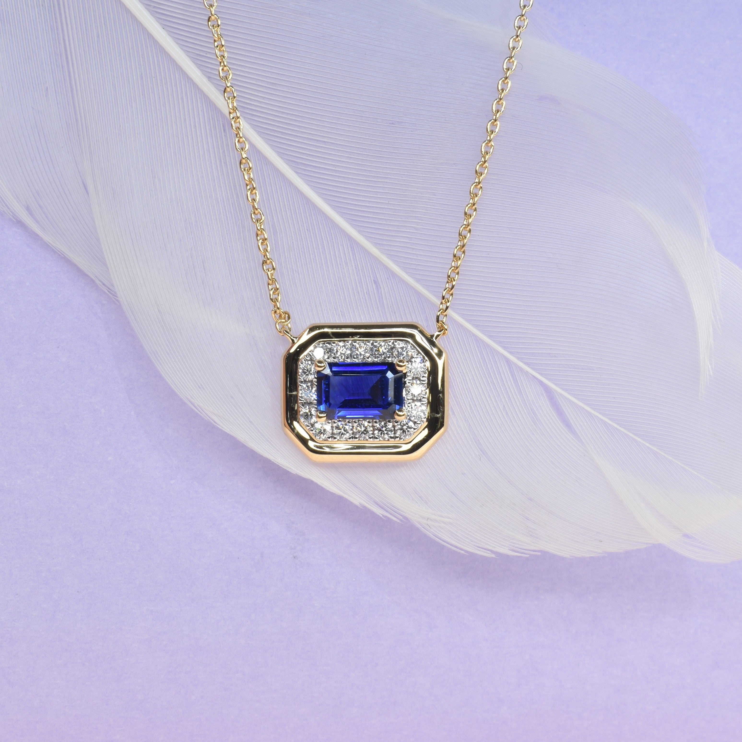 Octagon Shaped Blue Sapphire and Diamond Bezel Necklace