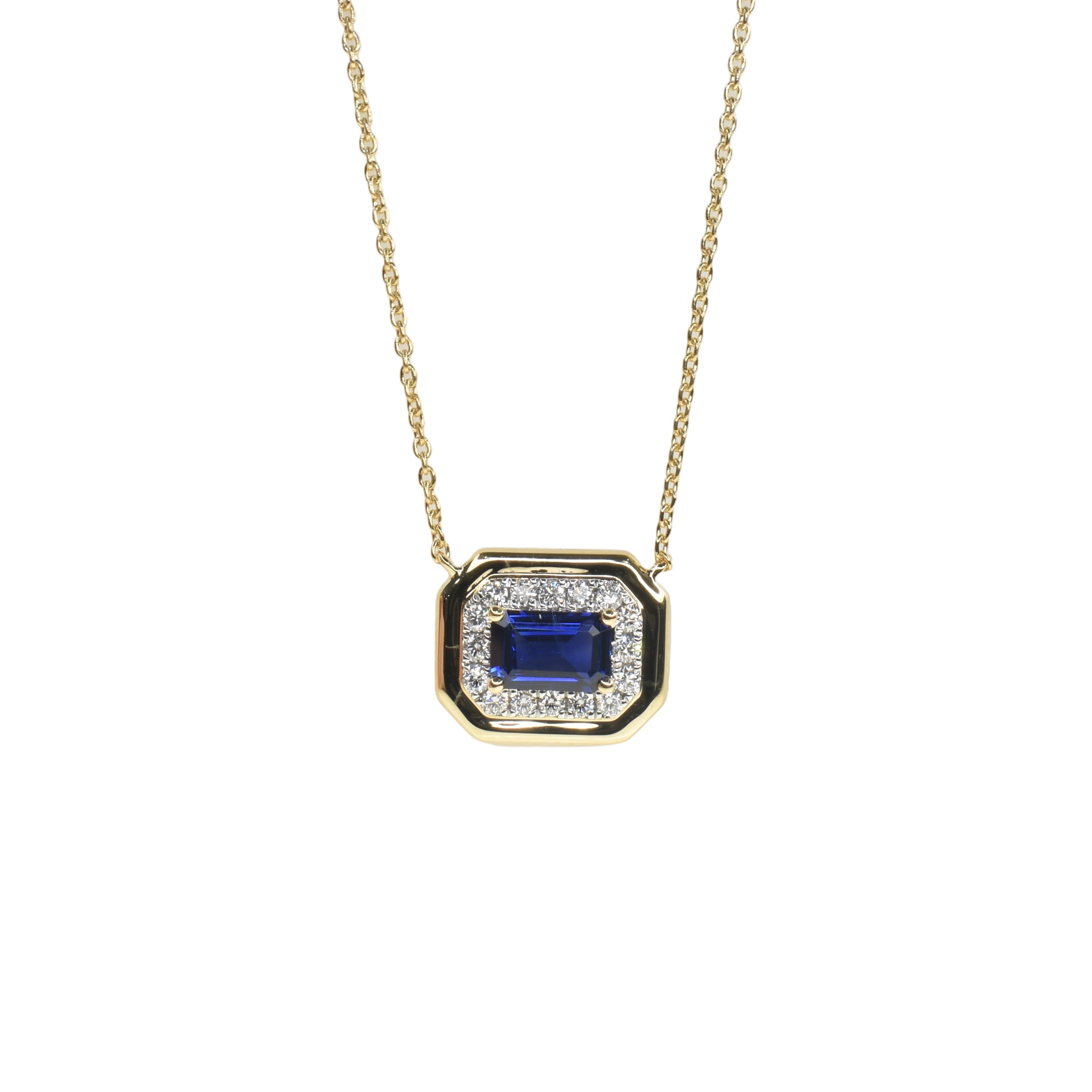 Octagon Shaped Blue Sapphire and Diamond Bezel Necklace