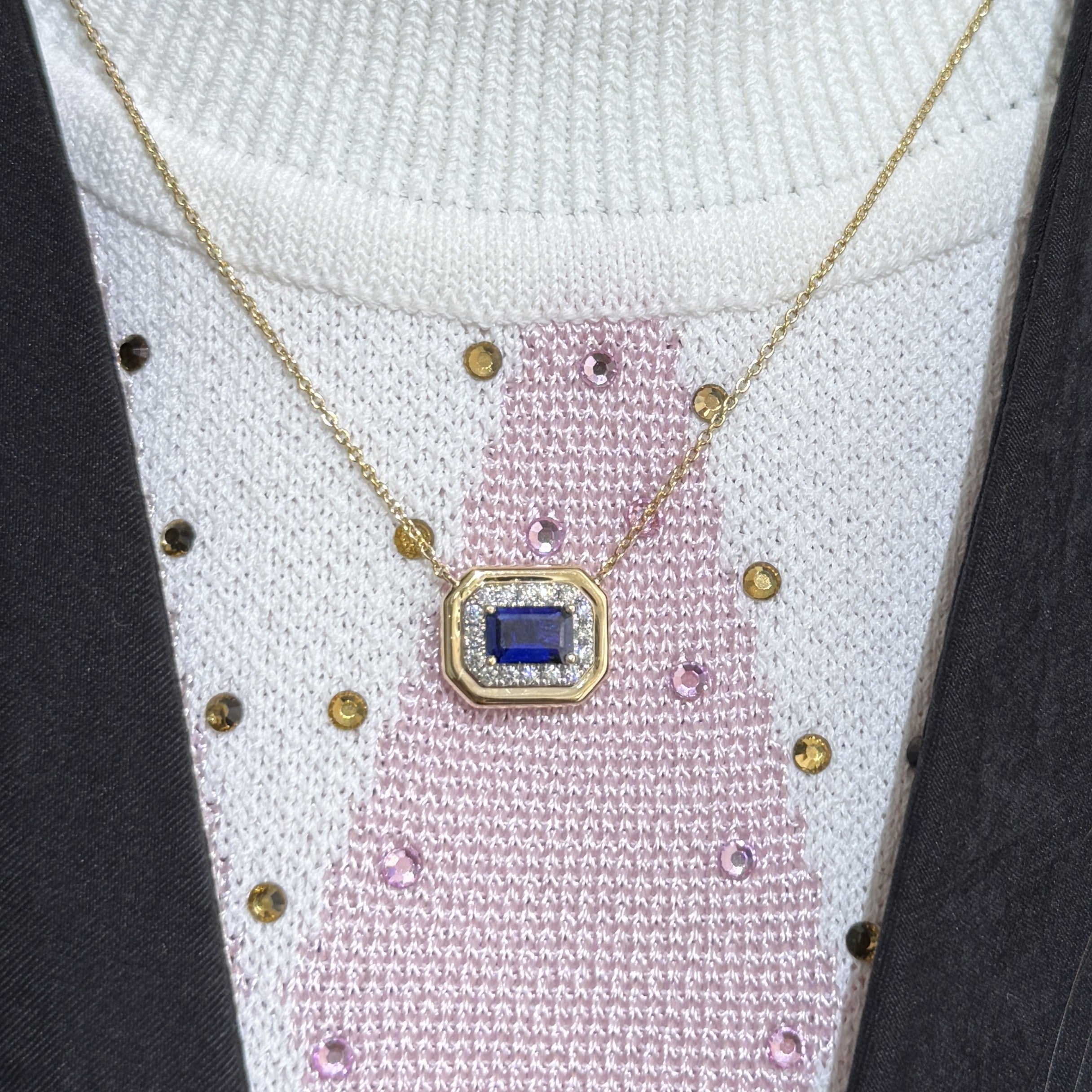 Octagon Shaped Blue Sapphire and Diamond Bezel Necklace