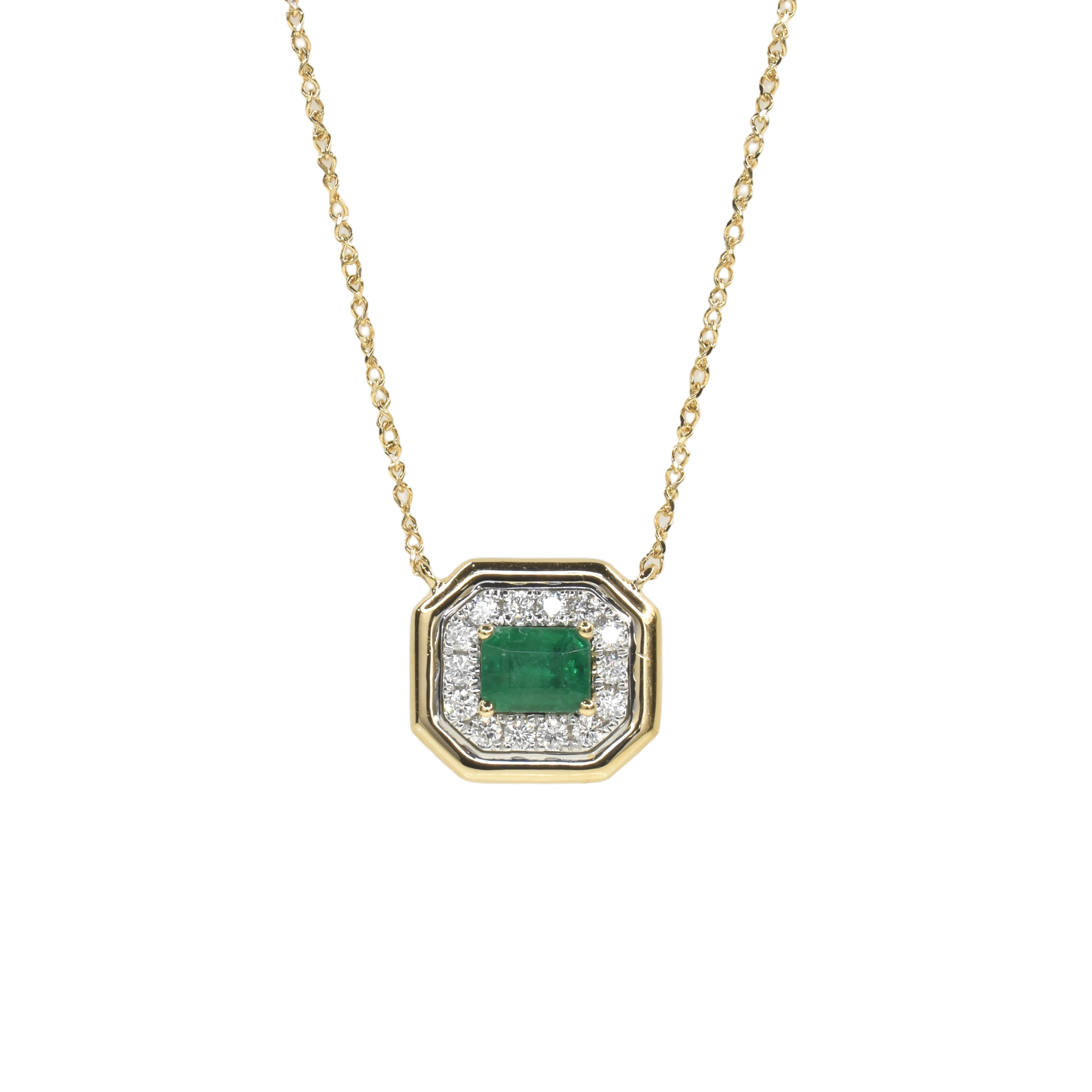 Octagon Shaped Emerald and Diamond Bezel Necklace