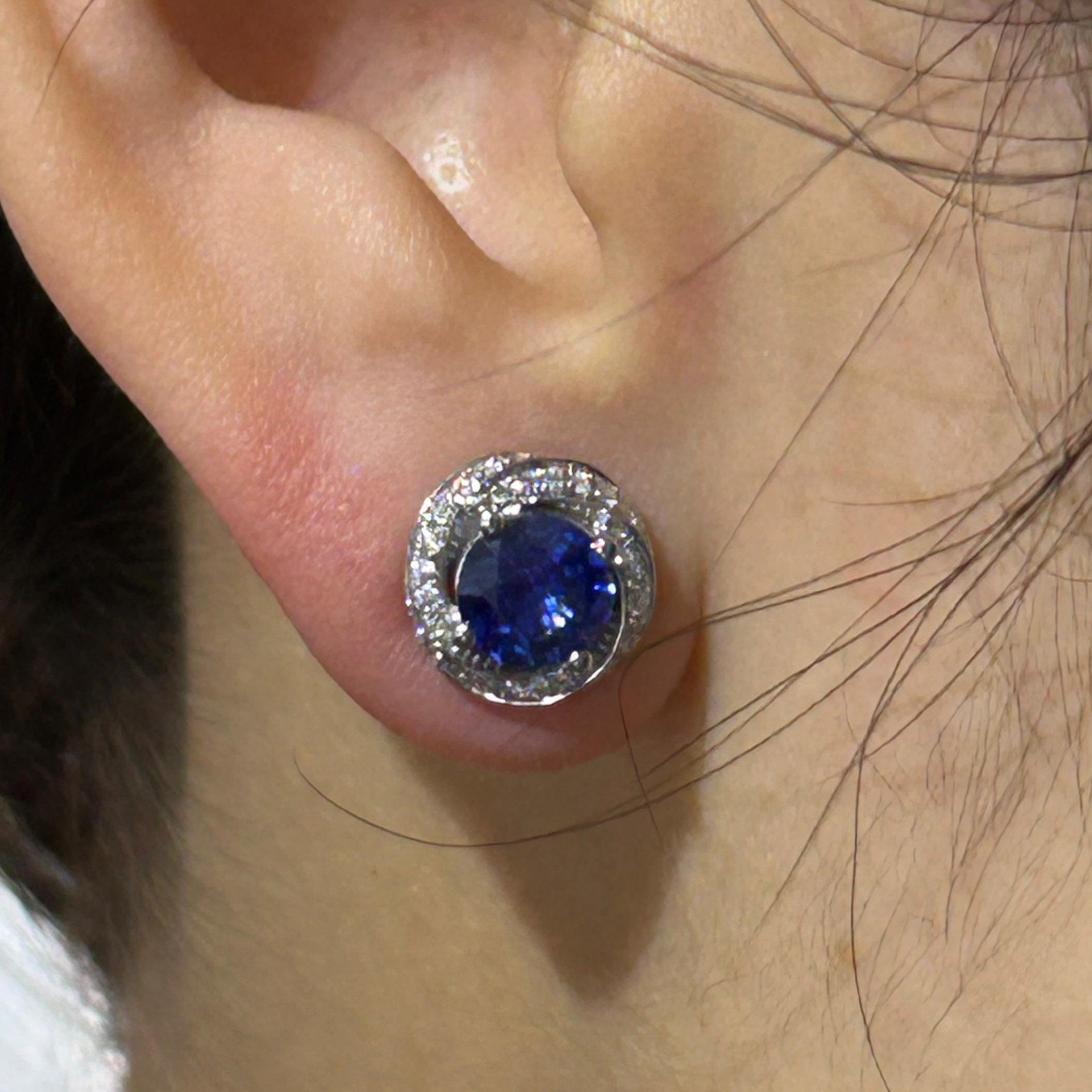 6mm Blue Sapphire Earrings with Twisted Halo