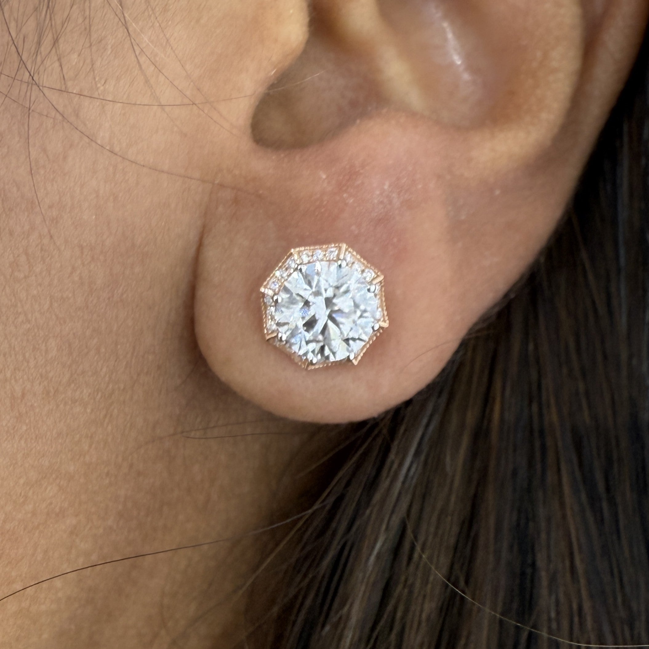 2.5ct Round Lab Grown Diamond Earrings in a Hex Setting