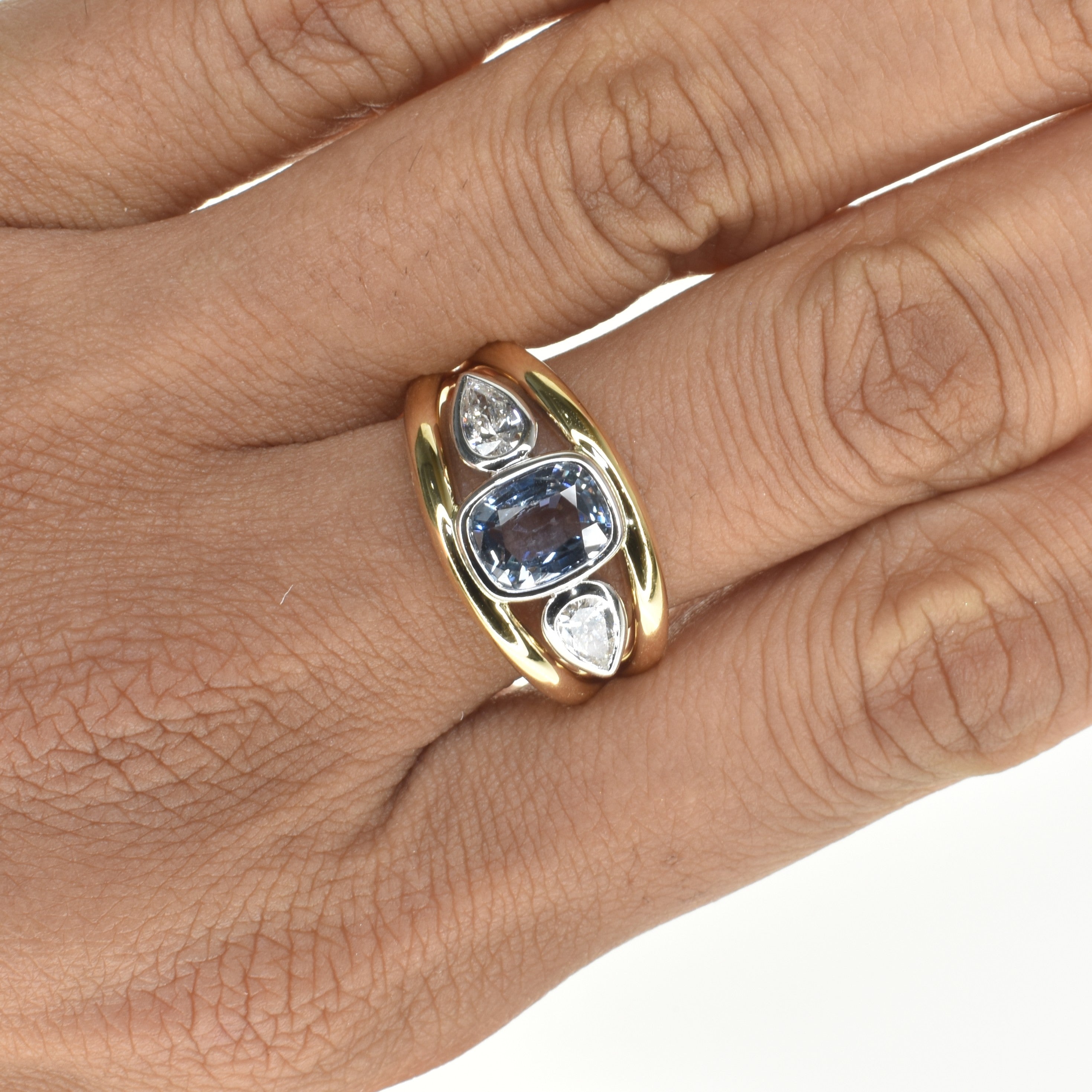 Double Band Trilogy Ring with Cushion Sapphire and Lab Grown Diamonds
