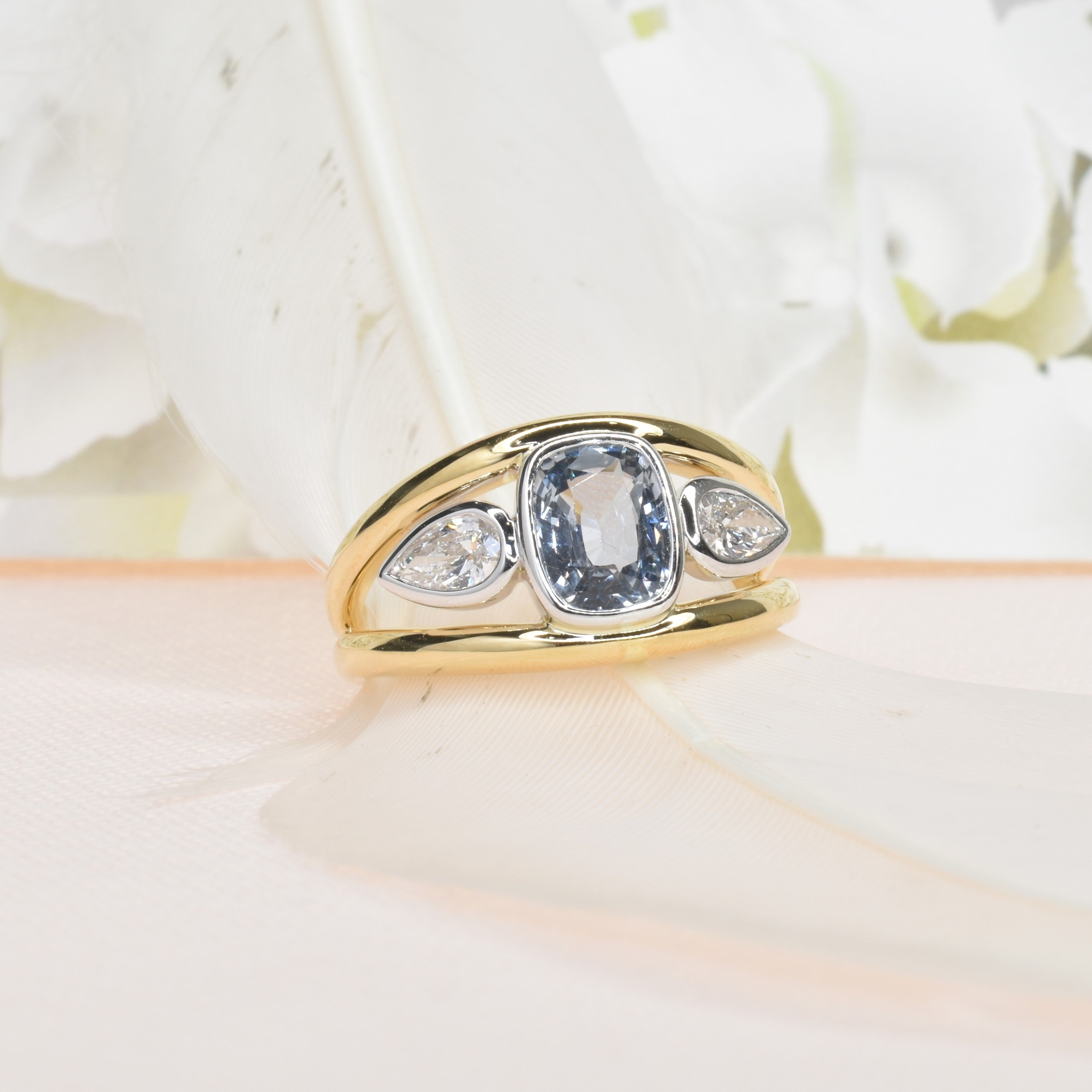 Double Band Trilogy Ring with Cushion Sapphire and Lab Grown Diamonds