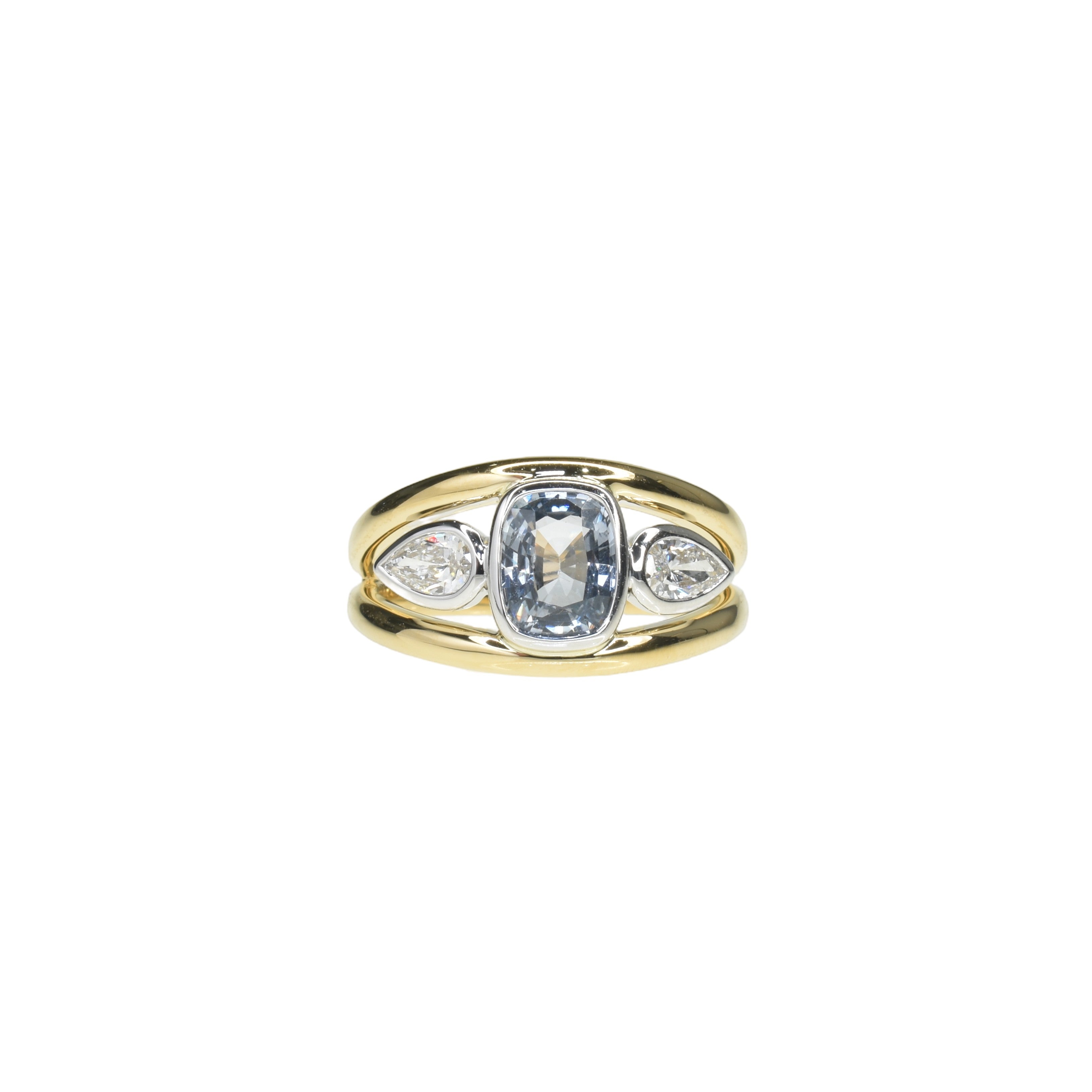 Double Band Trilogy Ring with Cushion Sapphire and Lab Grown Diamonds