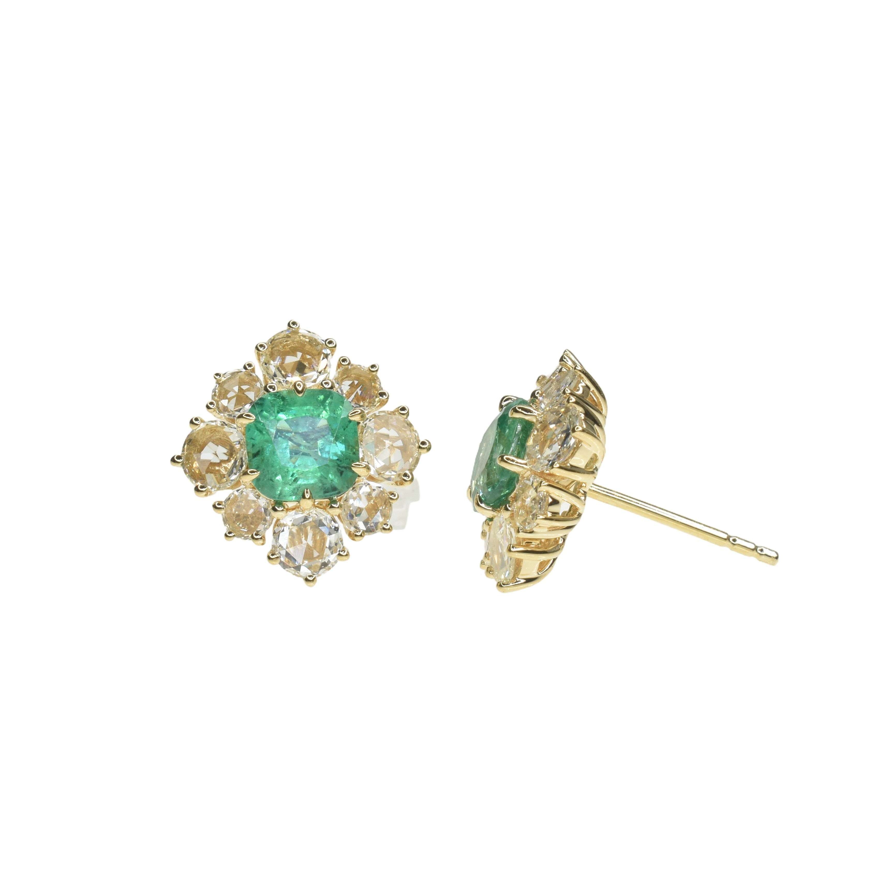Natural Emerald and Rose Cut Diamond Earrings