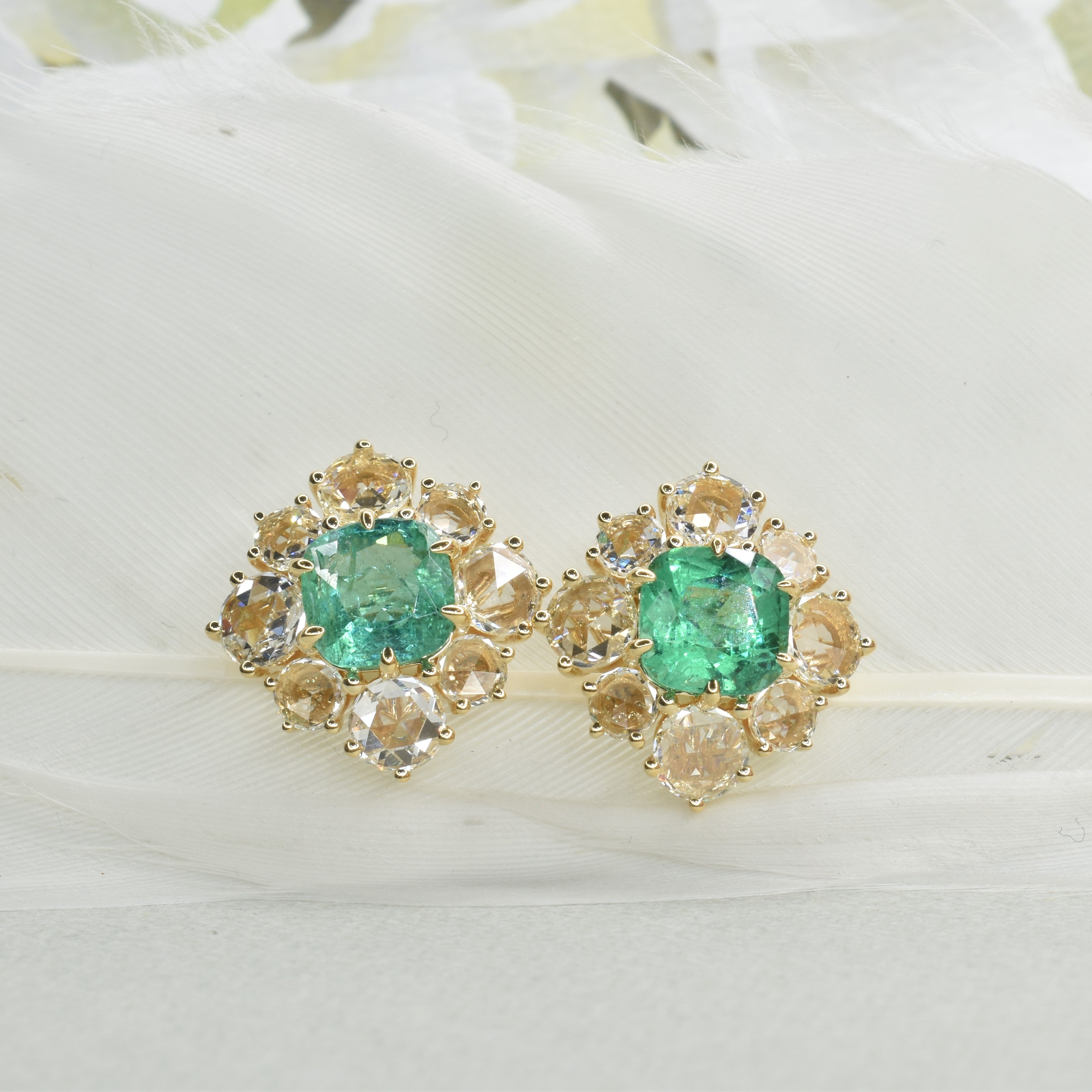 Natural Emerald and Rose Cut Diamond Earrings
