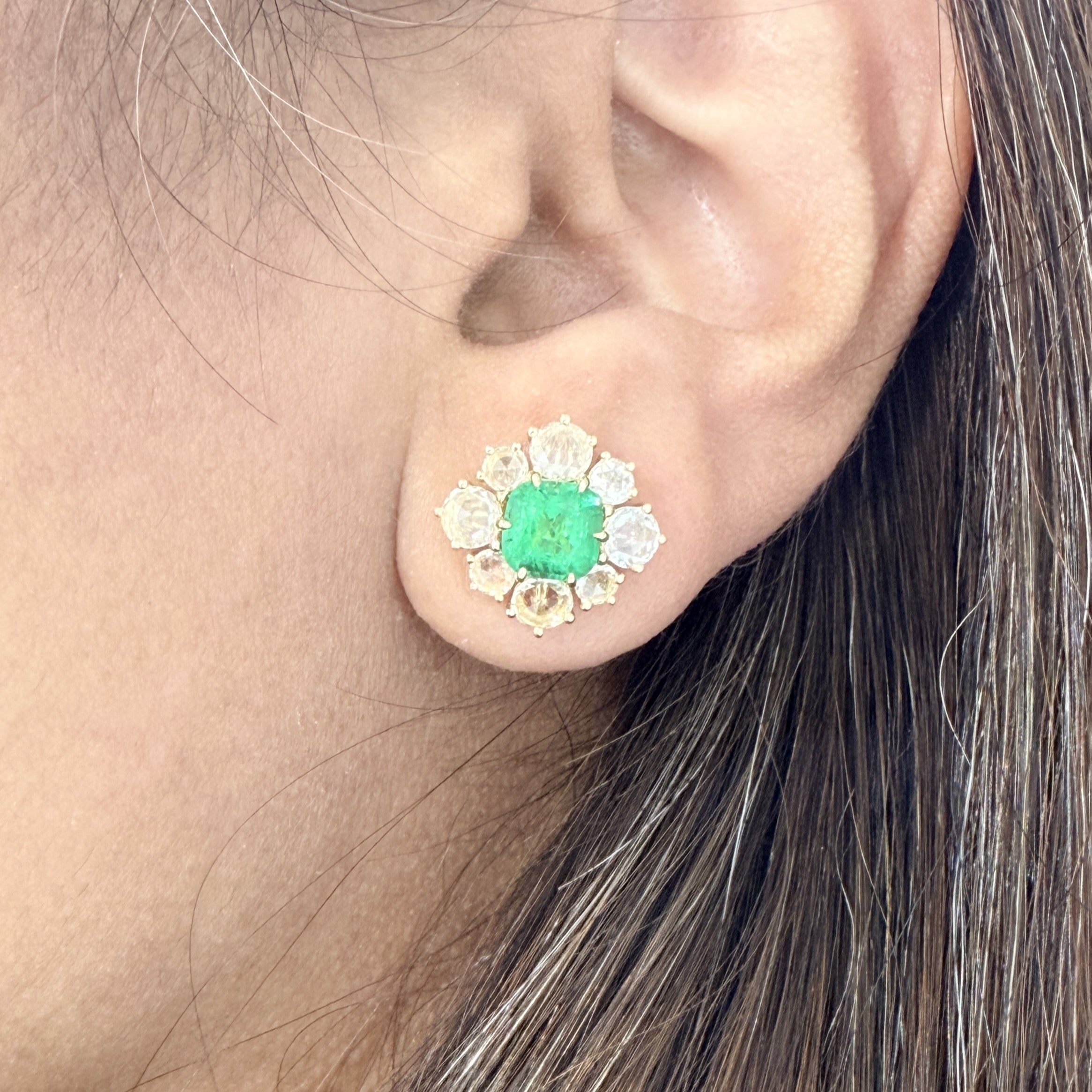 Natural Emerald and Rose Cut Diamond Earrings